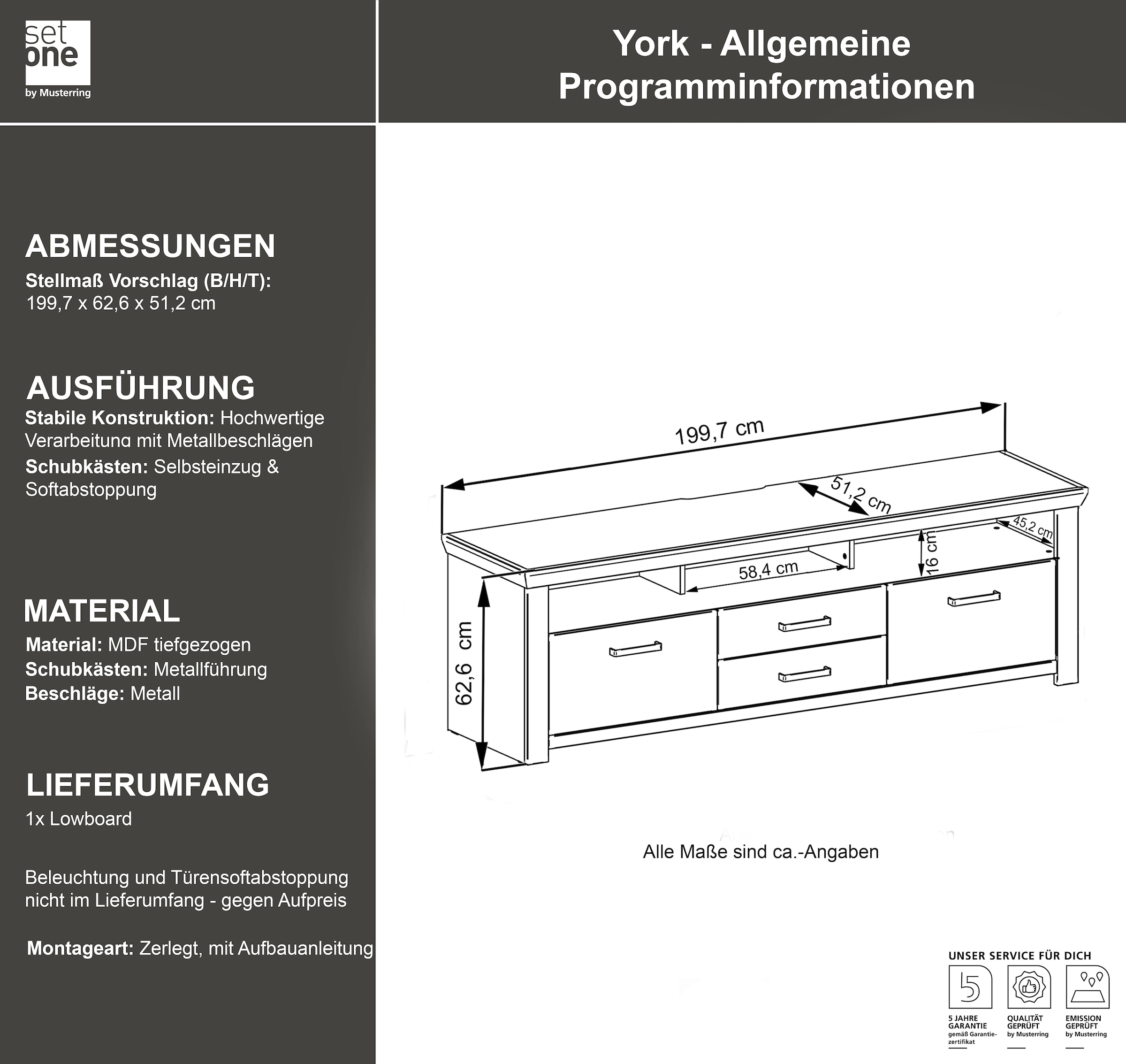 set one by Musterring Lowboard »York« Typ 35, mit 4 Schubkästen, Beleuchtung optional, Breite 200 cm