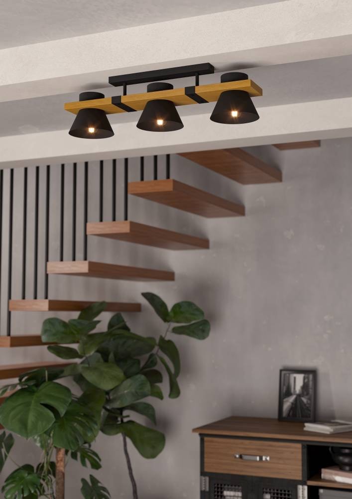 EGLO Deckenleuchte »MACCLES«, 3 flammig, Leuchtmittel E27 | ohne Leuchtmittel, Deckenleuchte, Wohnzimmerlampe, Holz und Metall, Schwarz, Deckenspot
