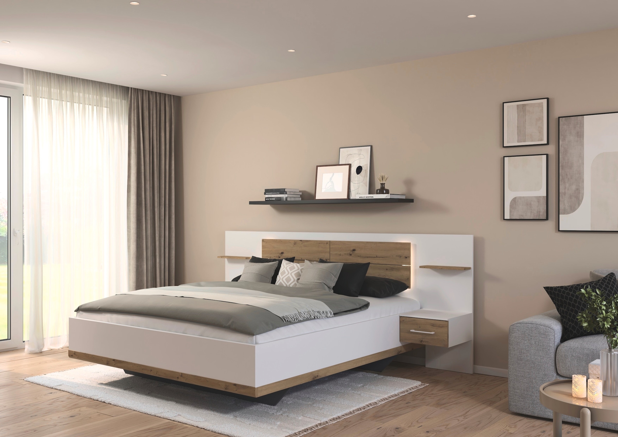 rauch Bettanlage »Bett Doppelbett Komfortbett Funktionsbett BOSTON-EXTRA« Set, Liegeflächen 160 cm oder 180 cm, 3 tlg. tlg. Mit warmer Kopfteil-Beleuchtung, 2x Hänge-Nachttische MADE IN GERMANY
