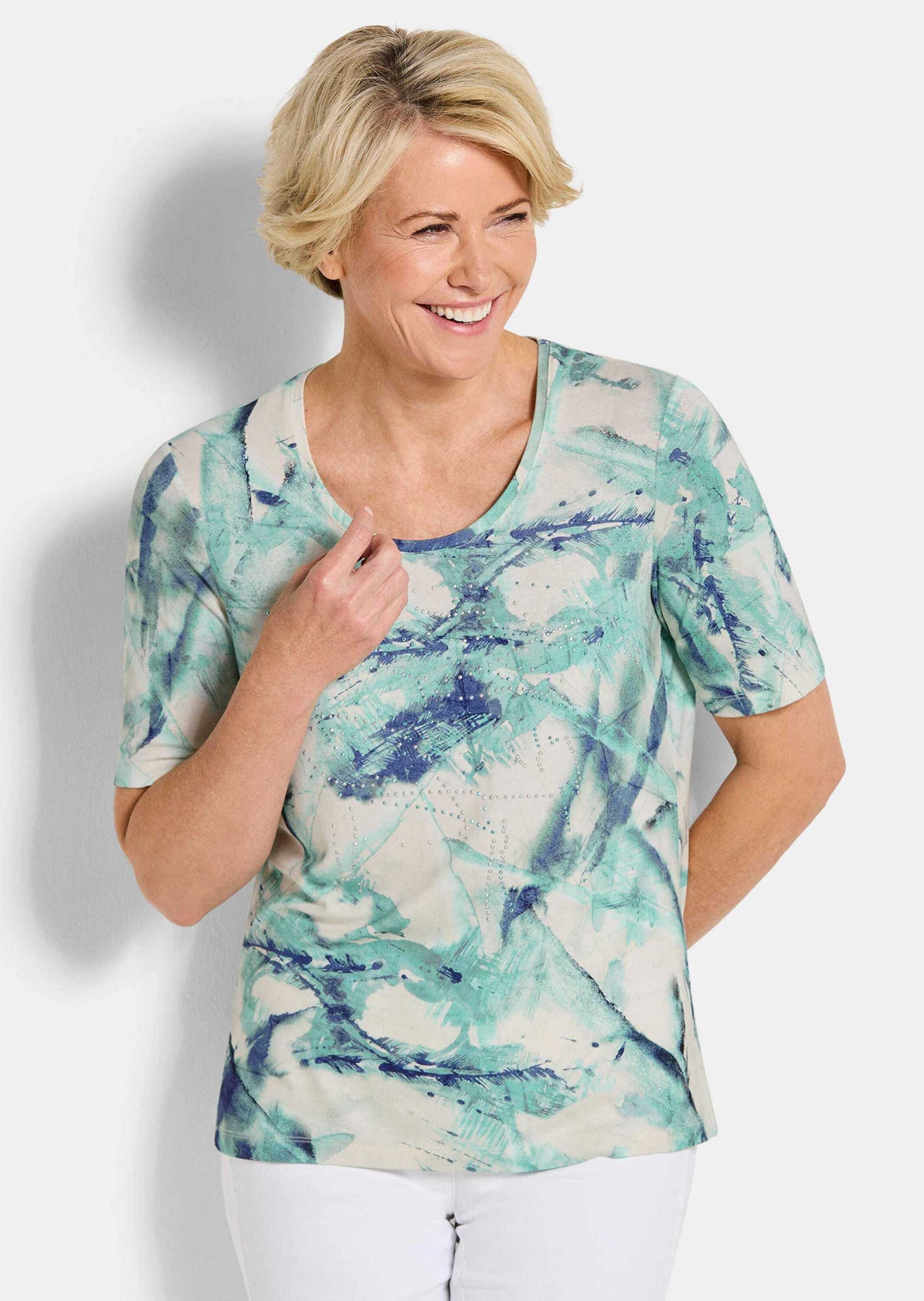 GOLDNER Print-Shirt »Kurzgröße Cityshirt mit Glitzersteinen« stretchbequemer Viskosejersey