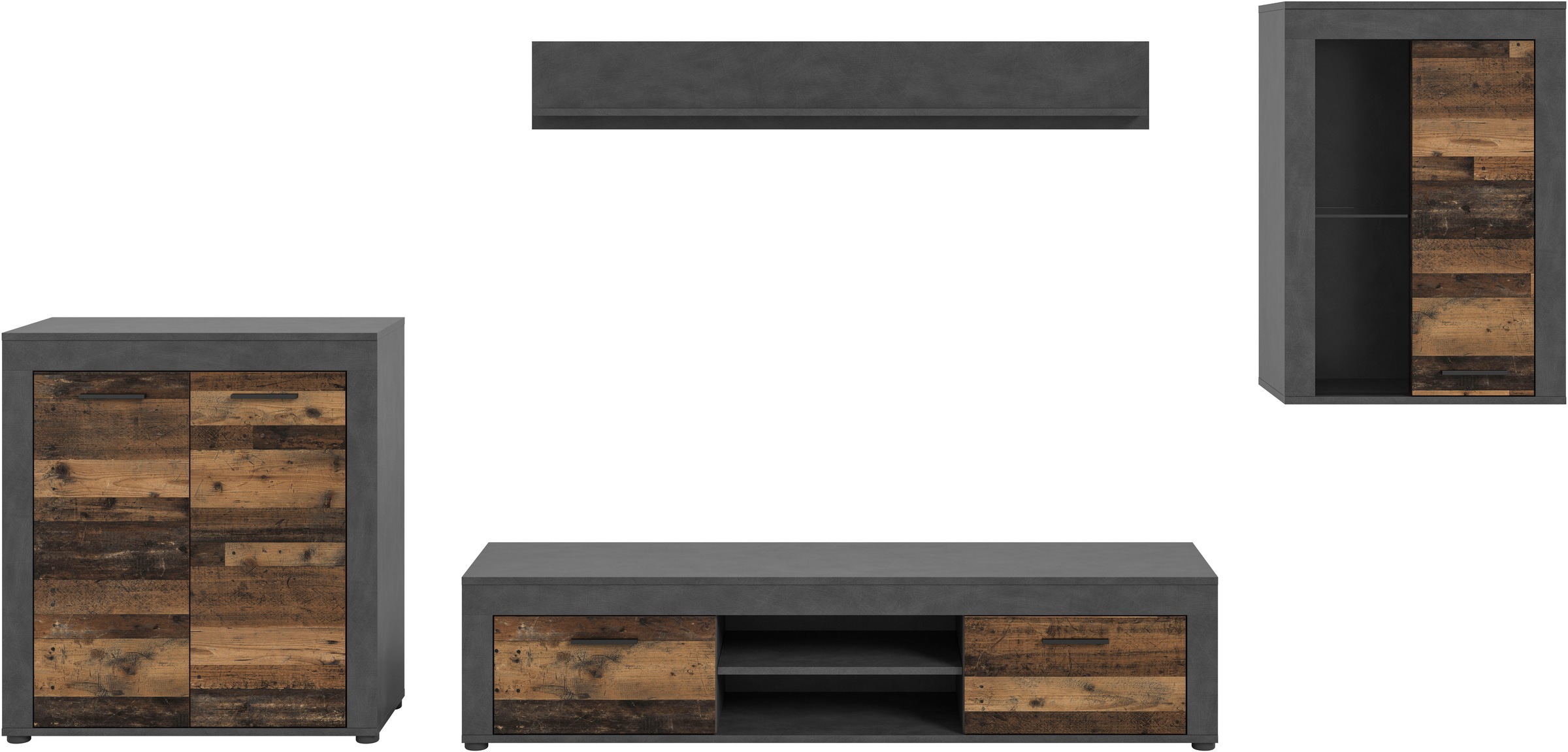 INOSIGN Wohnwand »Aosta, 4-tlg., best. aus: Highboard, Lowboard, Wandboard & Vitrine«, (4 St.), Wohnwand, Kombination, Anbauwand, Möbel Set, Schrankwand, Möbel Kombi