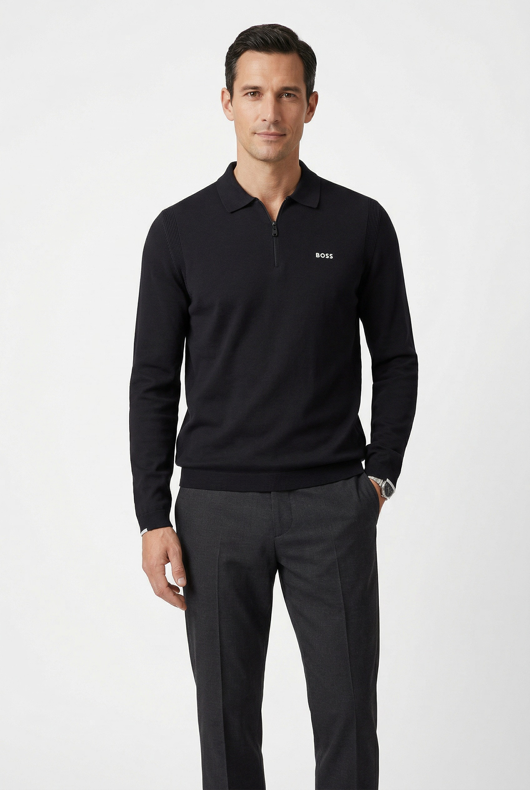 BOSS GREEN Strickpullover »KN Ever-X PL« mit Reißverschluss, regular fit, toniges Logo