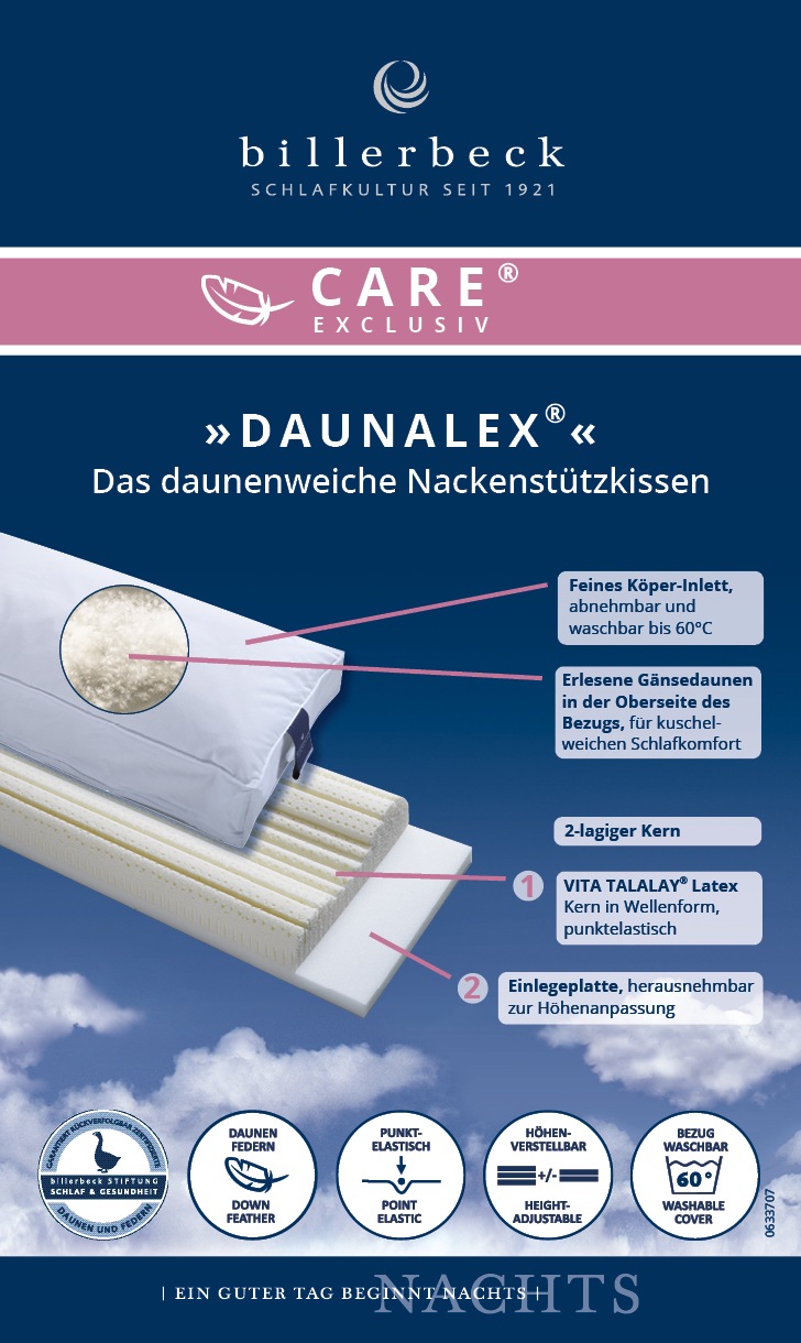billerbeck Nackenstützkissen »Daunalex«, Bezug: feines Köper-Inlett, 100 % Baumwolle, hydrophil, Liegefläche gepolstert mit weißen neuen Gänsedaunen und -federn, Klasse I (DIN EN 12934), 90 % Daunen, 10% Federn, ca. 100 g, mit Reißverschluss, (1 St.)