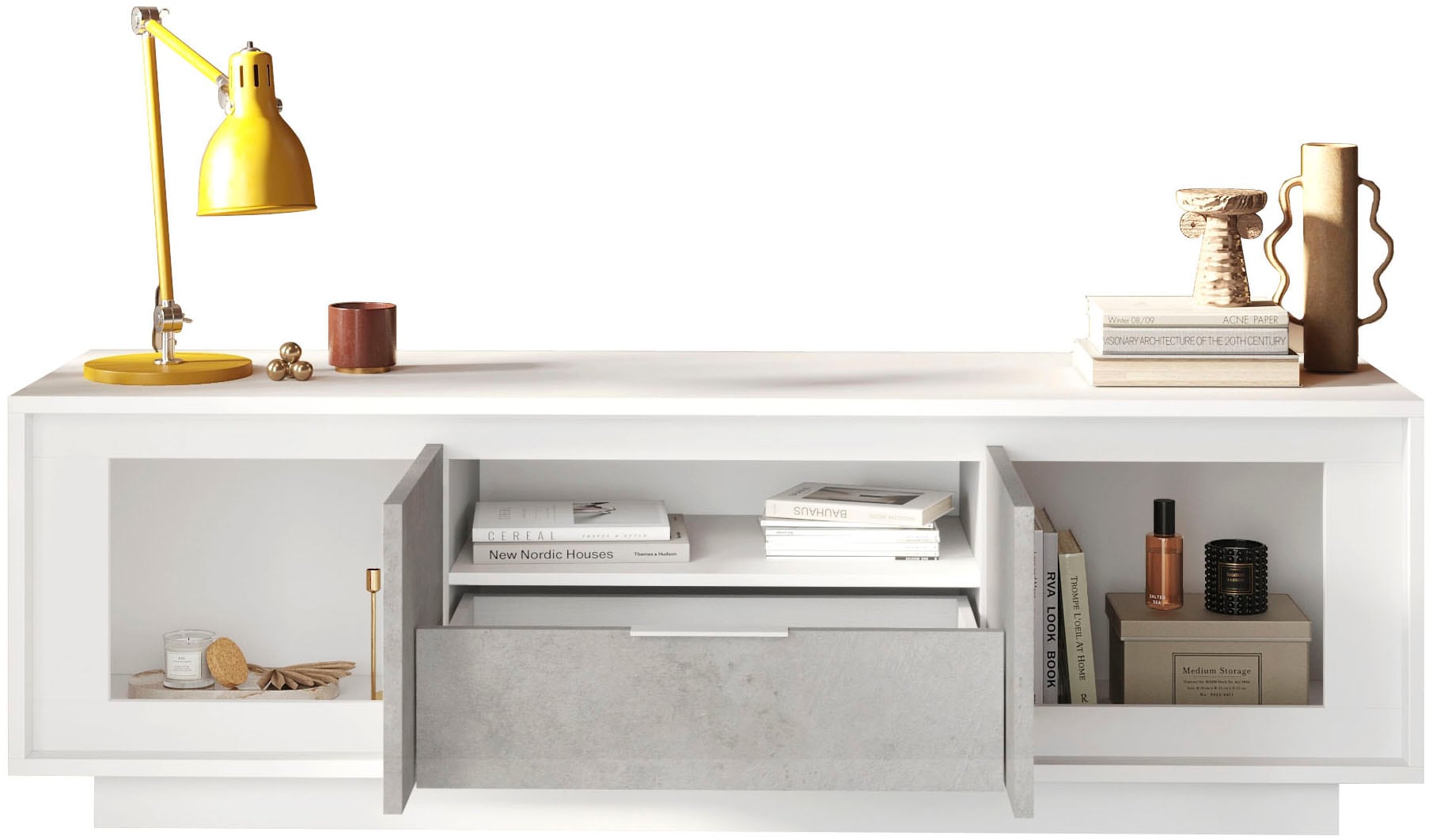 Home affaire Lowboard »Sky, B/T 180/50 cm, TV-Schrank/Medienboard, 2 Türen, 1 Schubkasten« Softclosing, Korpus & Front 22 mm stark, Rahmen-Optik, Metallgriff