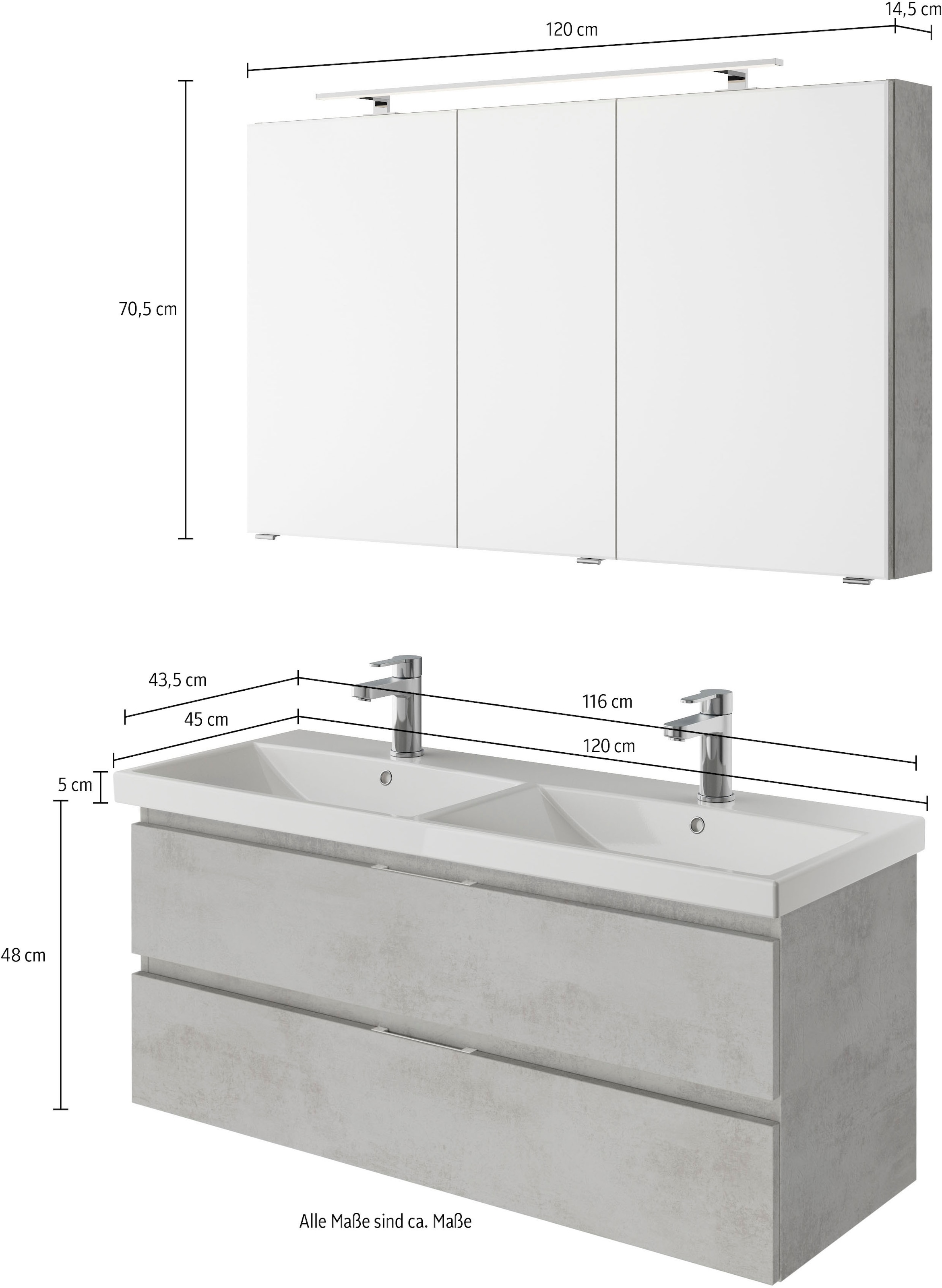 Saphir Badmöbel-Set »Serie 4035 2-teilig, Keramik-Doppelwaschtisch mit LED-Spiegelschrank«, (Set), Doppel-Waschplatz inkl Türdämpfer, 120 cm breit, 2 Schubladen, 3 Türen