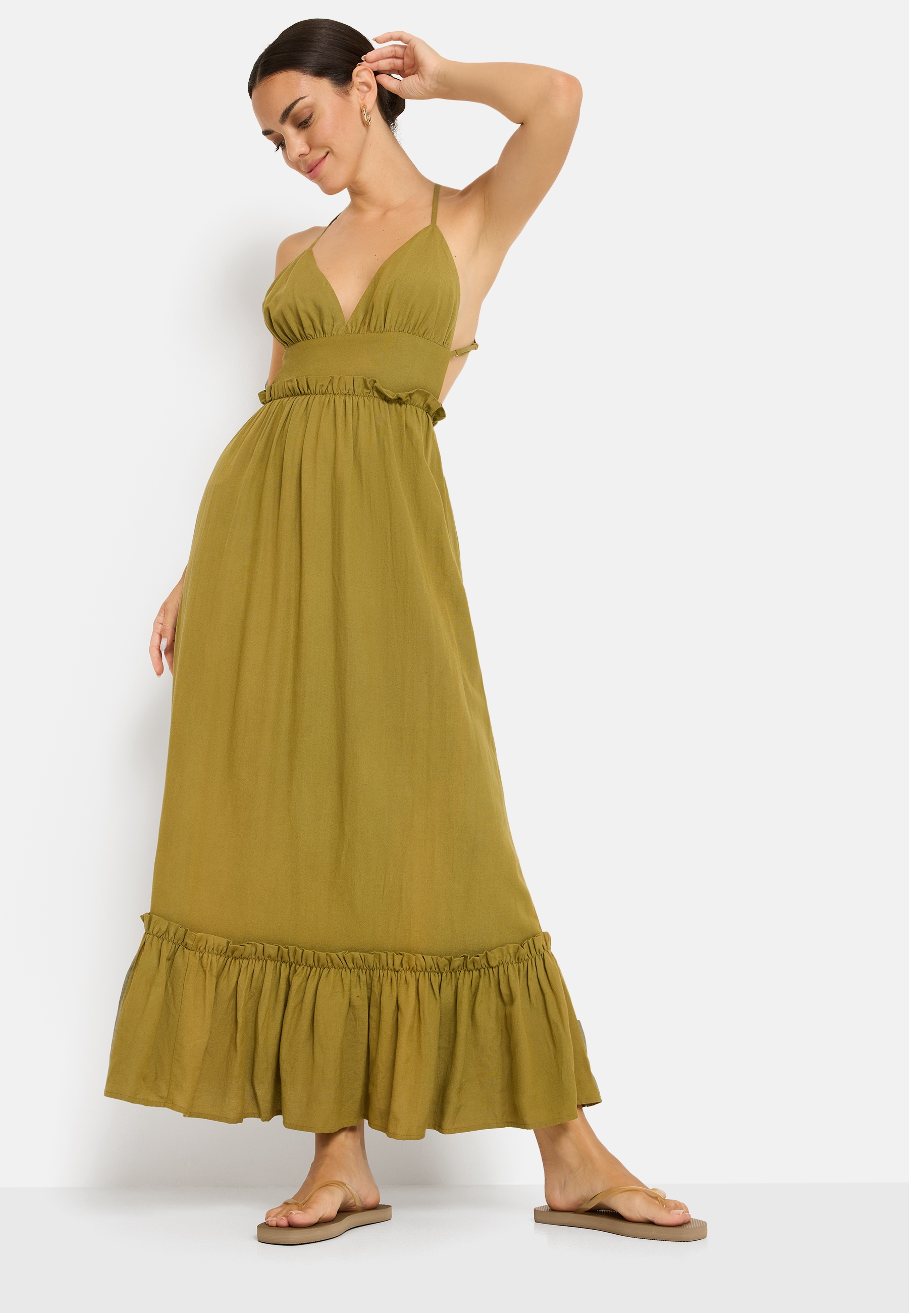 LSCN by LASCANA Maxikleid Ohne Taschen aus Webware mit Leinenanteil, Strandkleid, Boho-Kleid