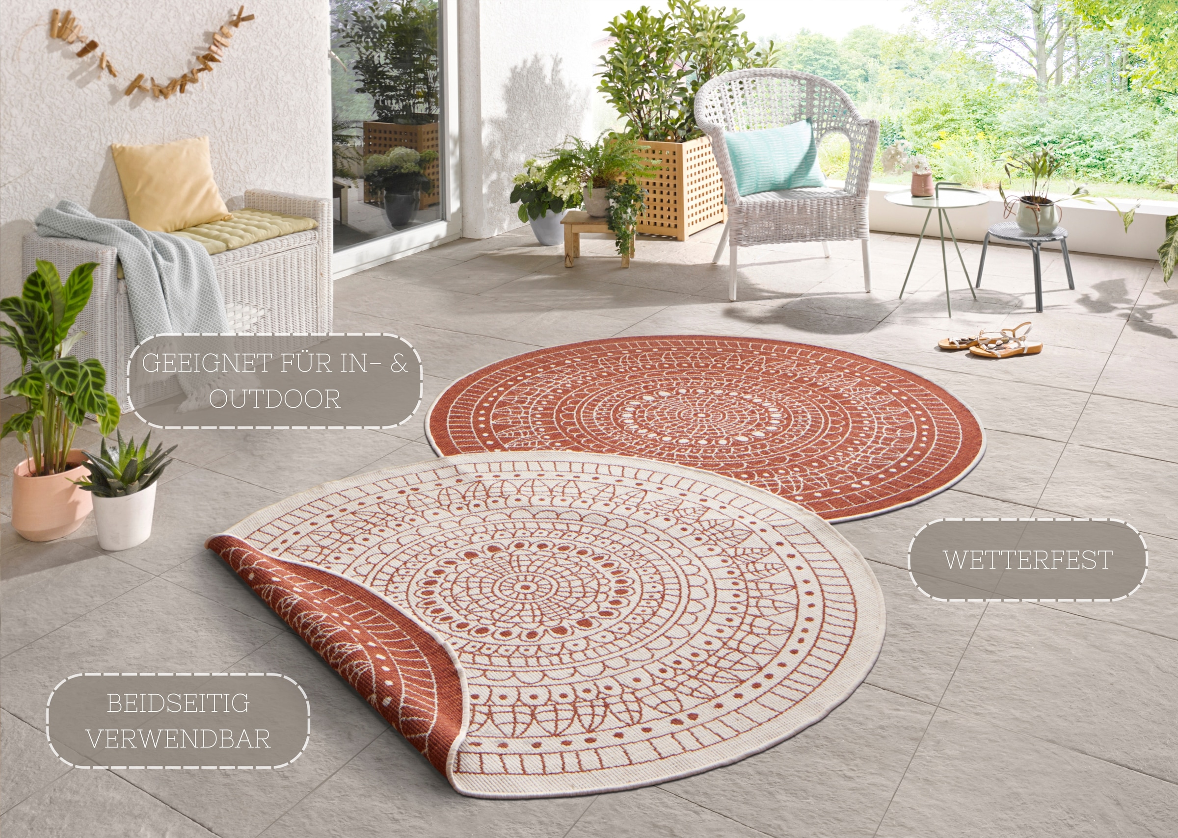 NORTHRUGS Teppich »Porto Wendeteppich«, rund, 5 mm Höhe, In-& Outdoor, Wetterfest, Balkon, Garten, Wohnzimmer, Wasserfest