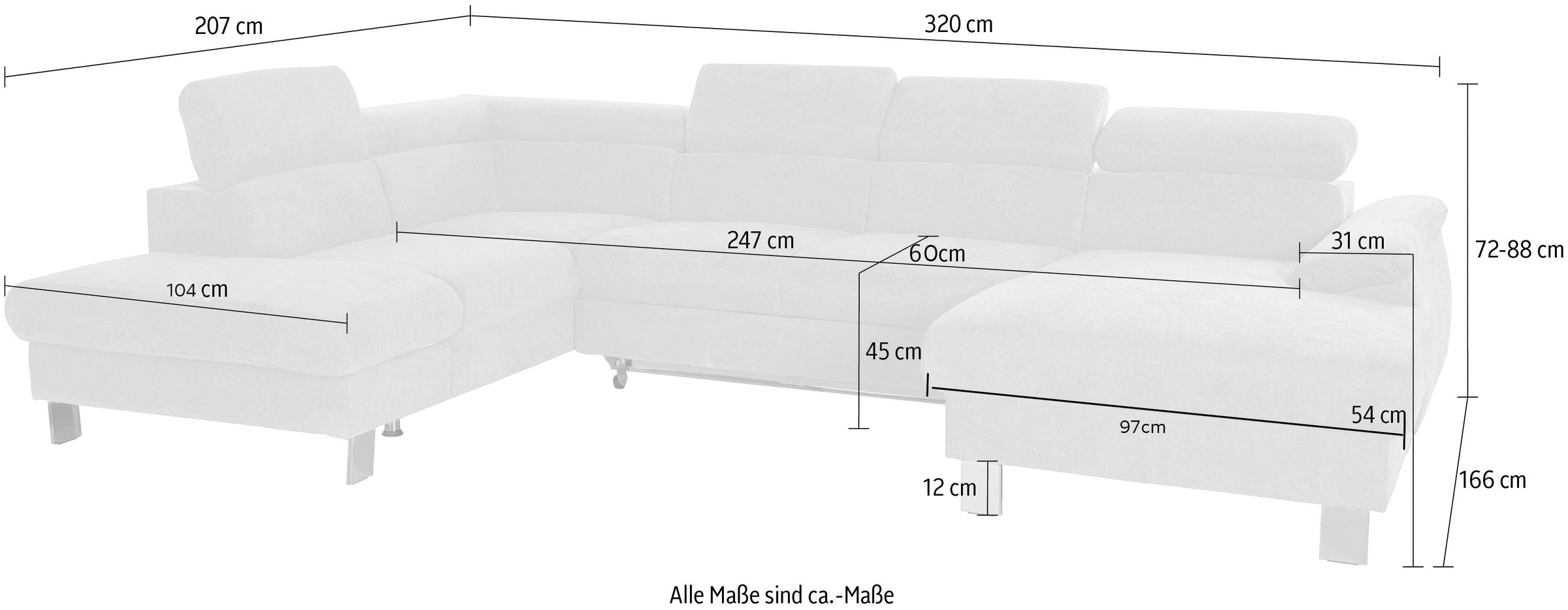 COTTA Wohnlandschaft »Komaris U-Form, B: 320 cm«, mit Kopfteilverstellung, optional Bettfunktion, Bettkasten & Licht