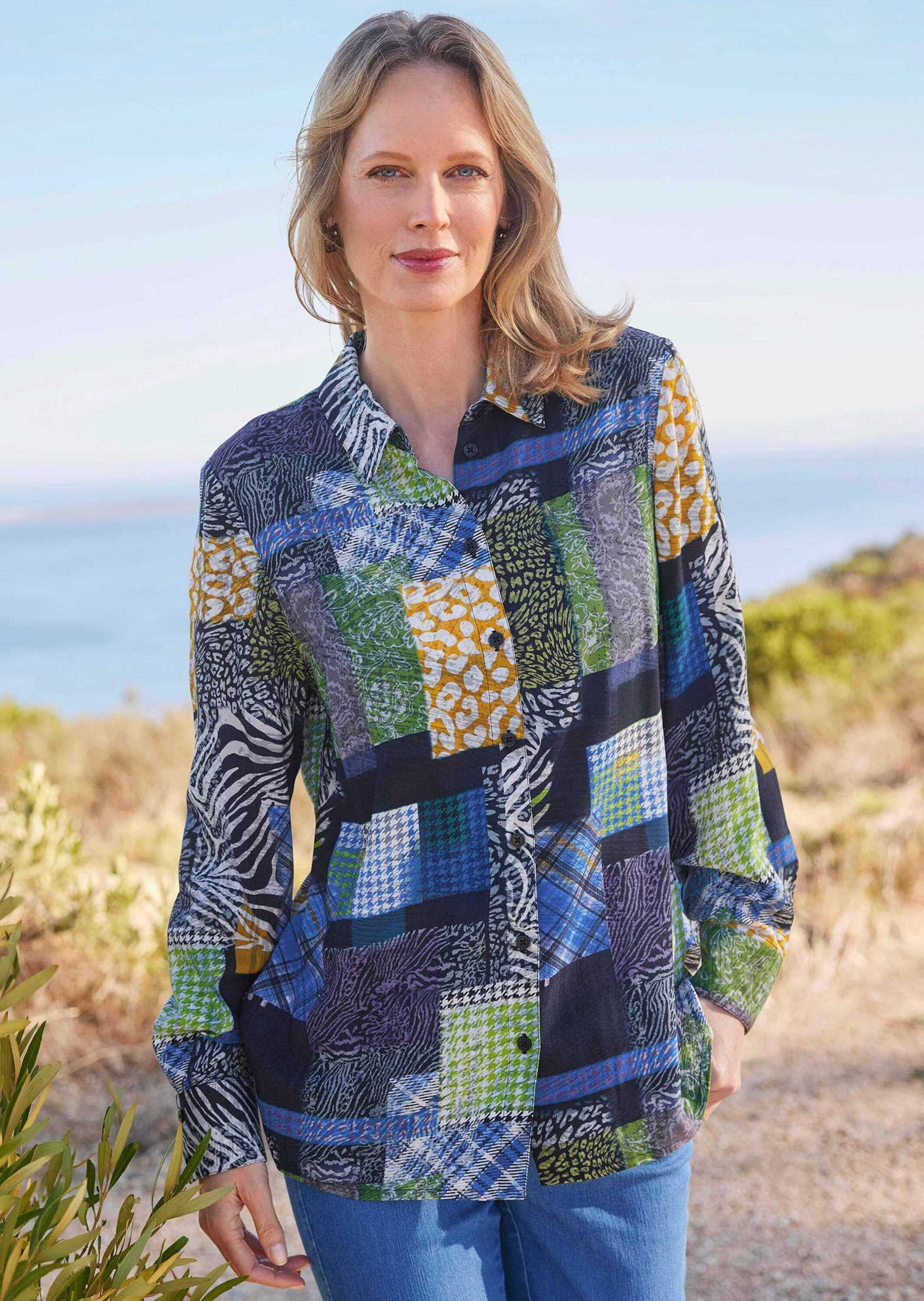 GOLDNER Klassische Bluse »Patchworkbluse mit Allover-Druck« Knopfleiste
