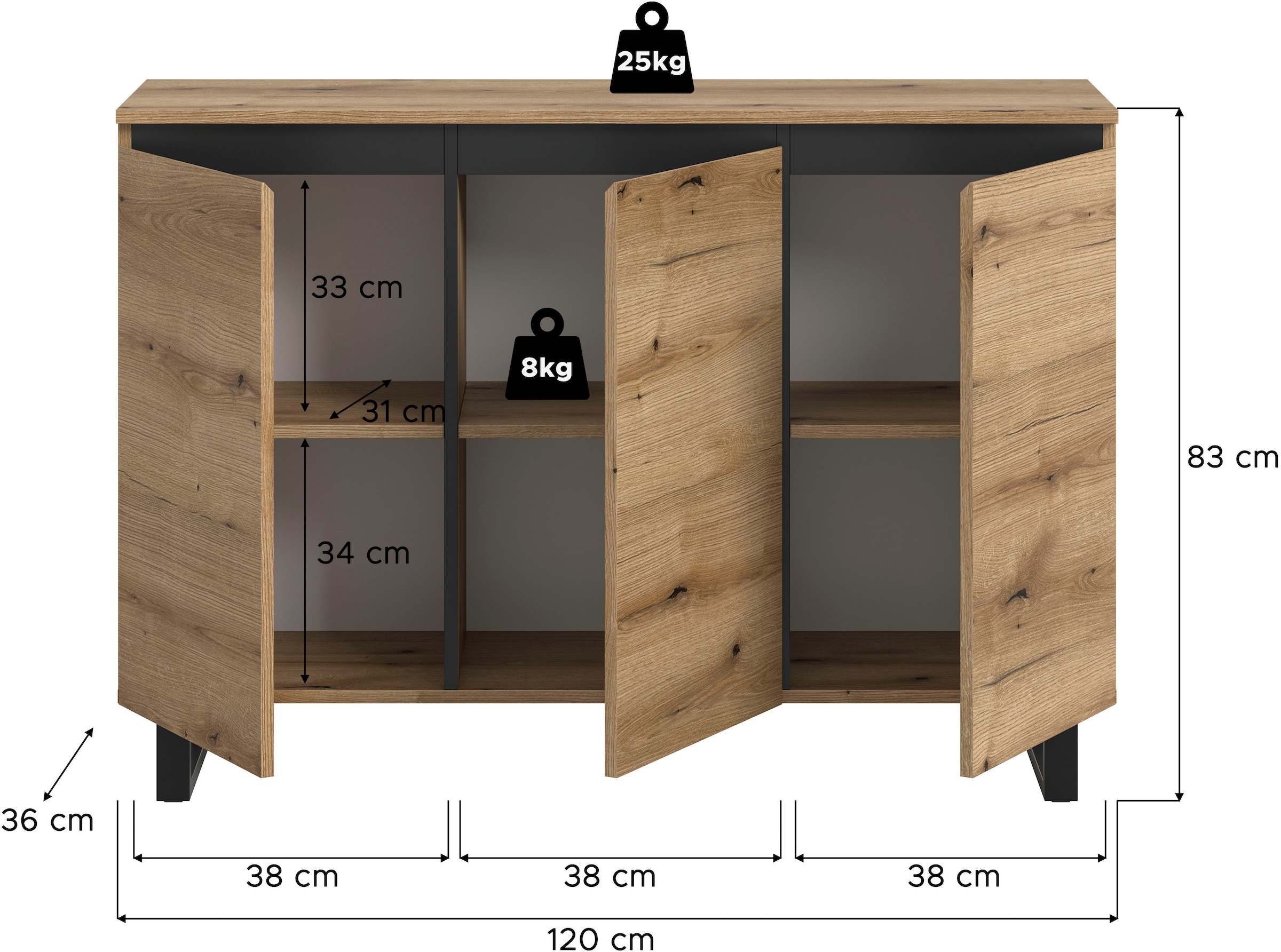 Home affaire Sideboard »TOMA, Breite: 120 cm, mit Metall-Kufen-Fuß, 3 Türen, 3 Einlegeböden« Anrichte, Kommode, Schrank, Board, Higboard