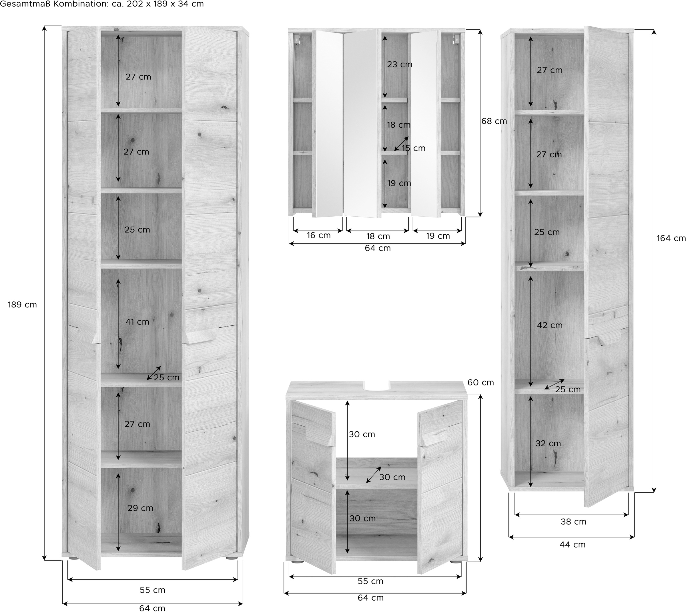 welltime Badmöbel-Set »Kayu, bestehend aus: 2 Hochschränken, Waschbeckenunterschrank,«, Spiegelschrank, hochwertige MDF Front mit Rillenfräsung, Bad, Bad Set