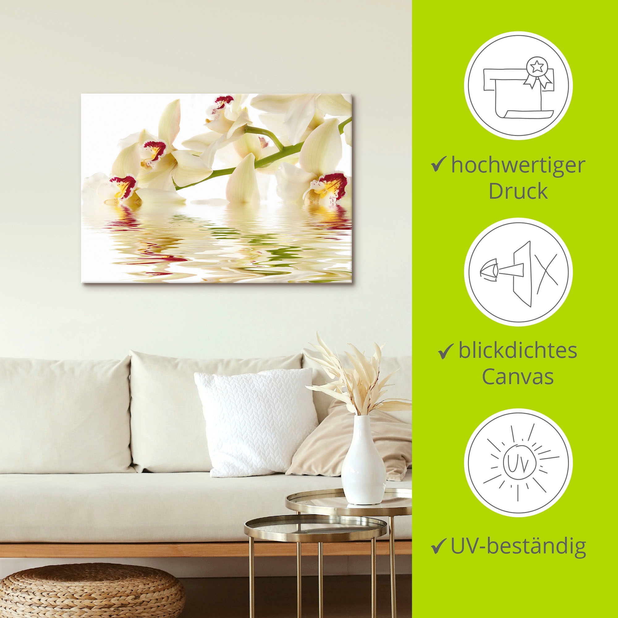 Artland Wandbild »Weiße Orchidee mit Wasserreflektion«, Blumen, (1 St.), als Leinwandbild, Poster in verschied. Größen
