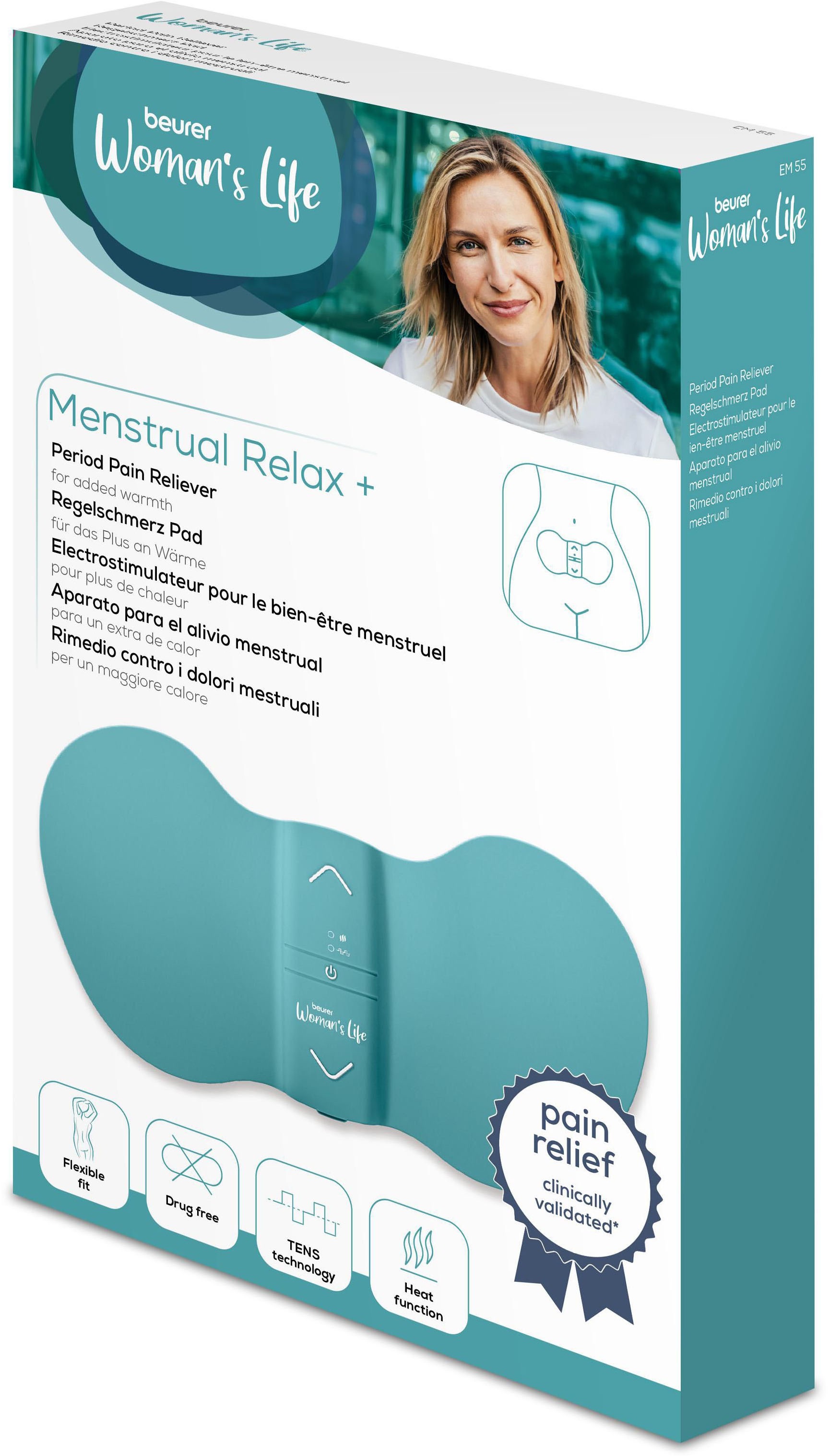 BEURER Menstruations-Pad »EM 55 Menstrual Relax+ mit Wärme und TENS-Funktion«, (Inkl. 4 selbsthaftenden Gel-Pads), Schmerzlinderung bei Menstruationsschmerzen und Endometriose