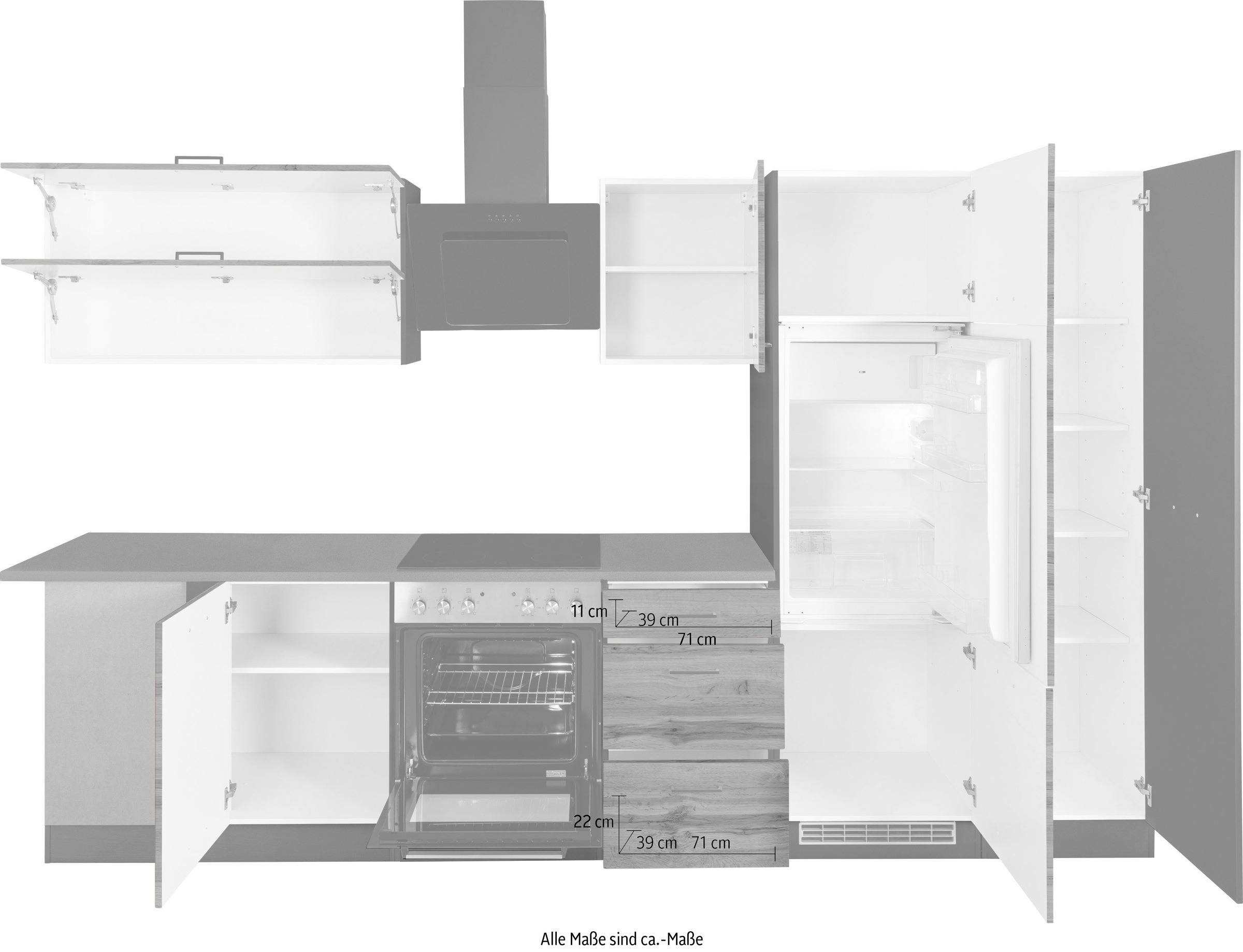 KOCHSTATION Küchenzeile »KS-Trier«, mit E-Geräten, Stellbreite 220/330 cm