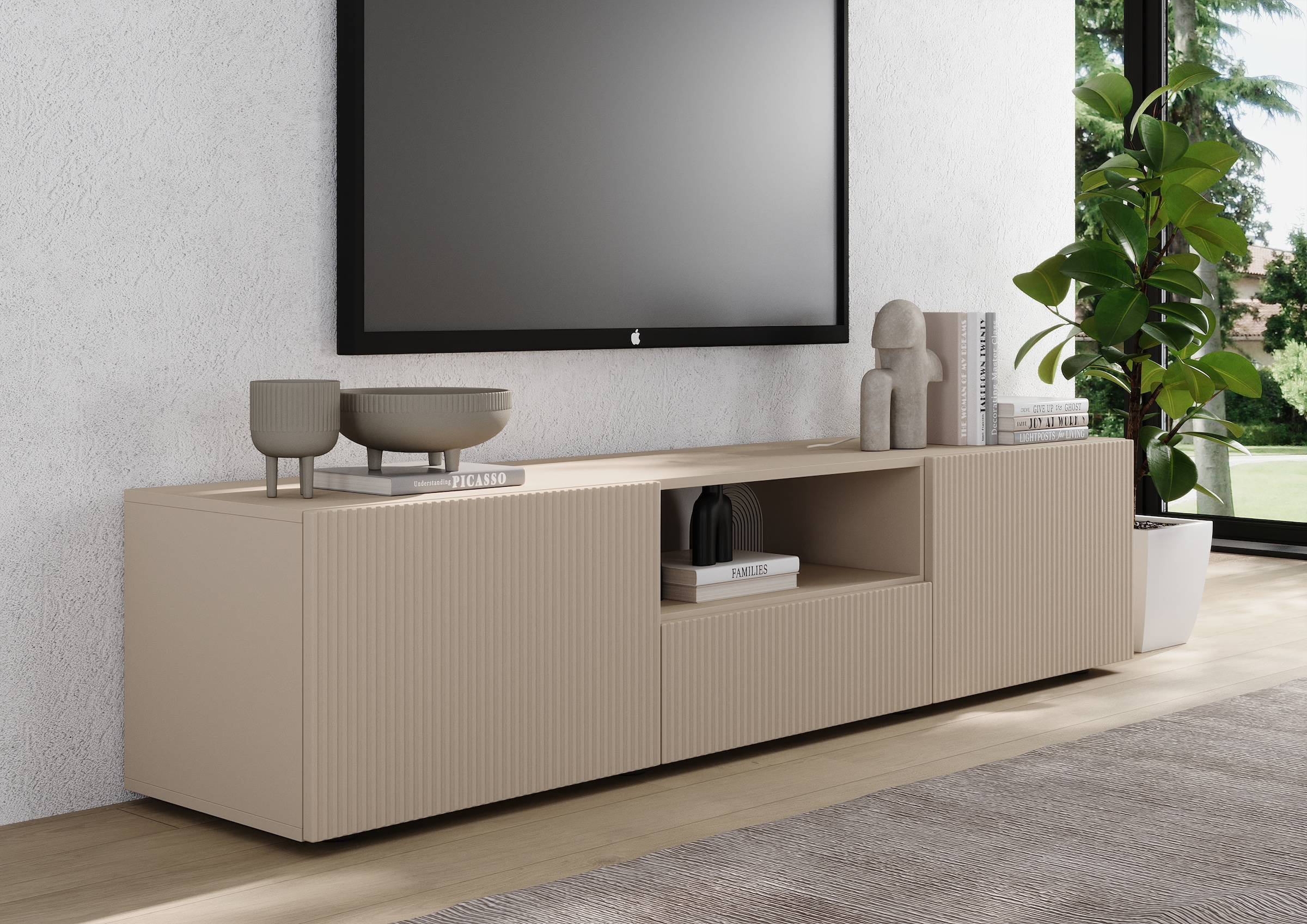 INOSIGN Lowboard »Rio Breite 181 cm, TV-Board 2 Türen u. 1 Schubkasten, TV-Schrank«, geriffelte MDF-Fronten, modern u. elegant, Kabelführung, viel Stauraum