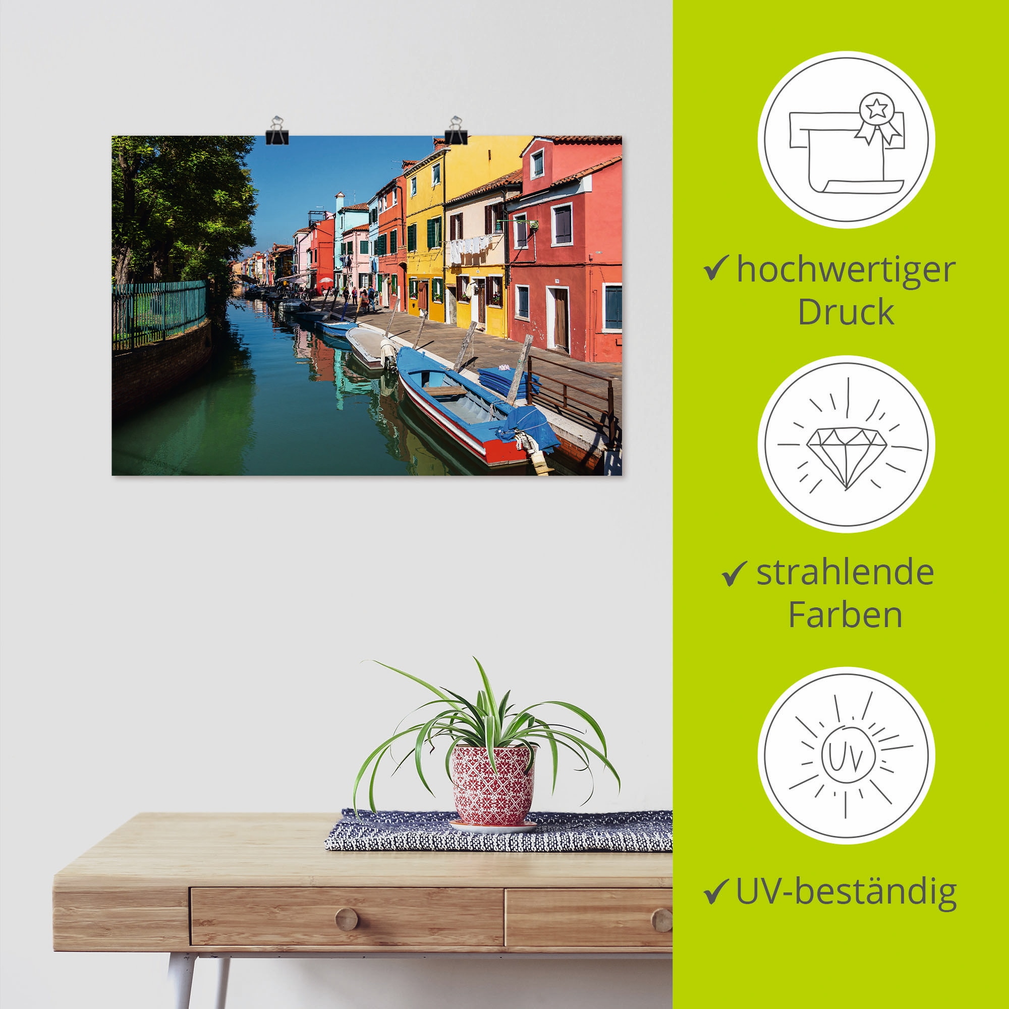 Artland Wandbild »Bunte Gebäude auf Insel Burano Venedig«, Bilder von Booten & Schiffen (1 Stück), in vielen Größen & Produktarten - Alubild/Outdoorbild, Leinwandbild, Poster, Wandaufkleber/Wandtattoo auch für Badezimmer geeignet