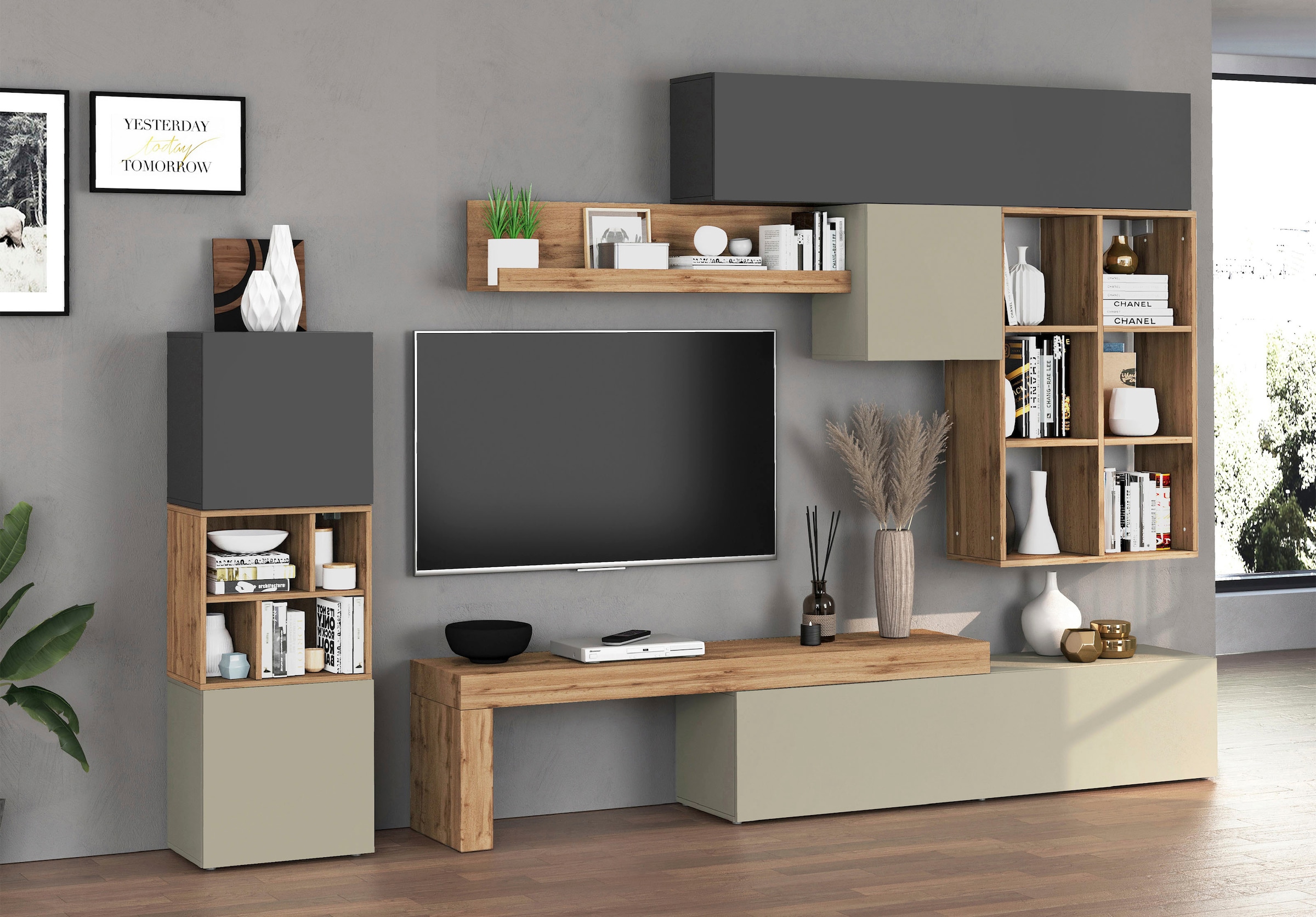 INOSIGN Wohnwand »Chronos Wohnwand, Medienwand, 8-er set«, (Set, 8 St.), ca. 320 cm mit Hängeschränke, Würfel, Regal, Lowboard, Made in Italy