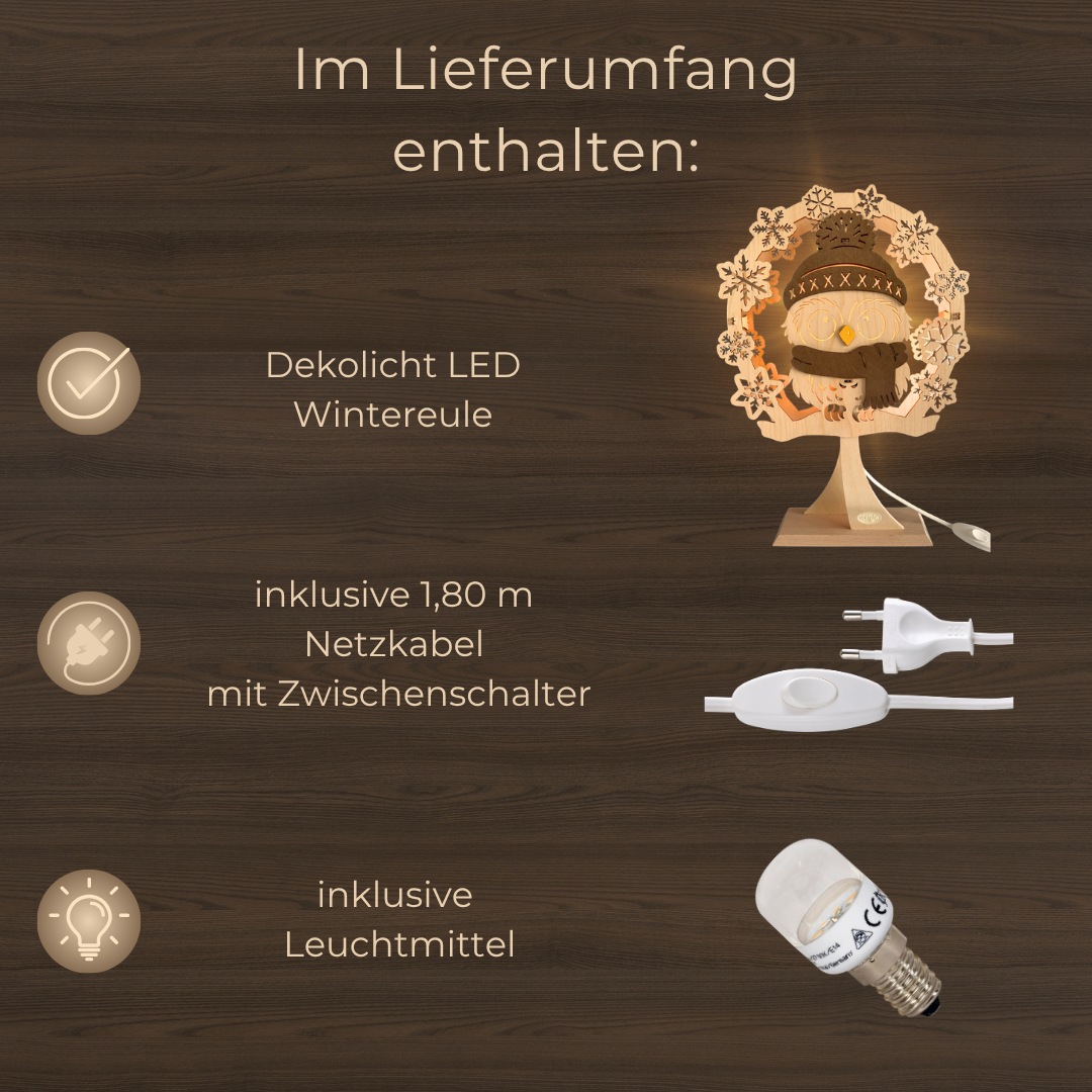 Weigla LED Dekolicht »Wintereule auf Sockel, aus Holz, NATUR-BRAUN« E14 Holzkunst aus dem Erzgebirge