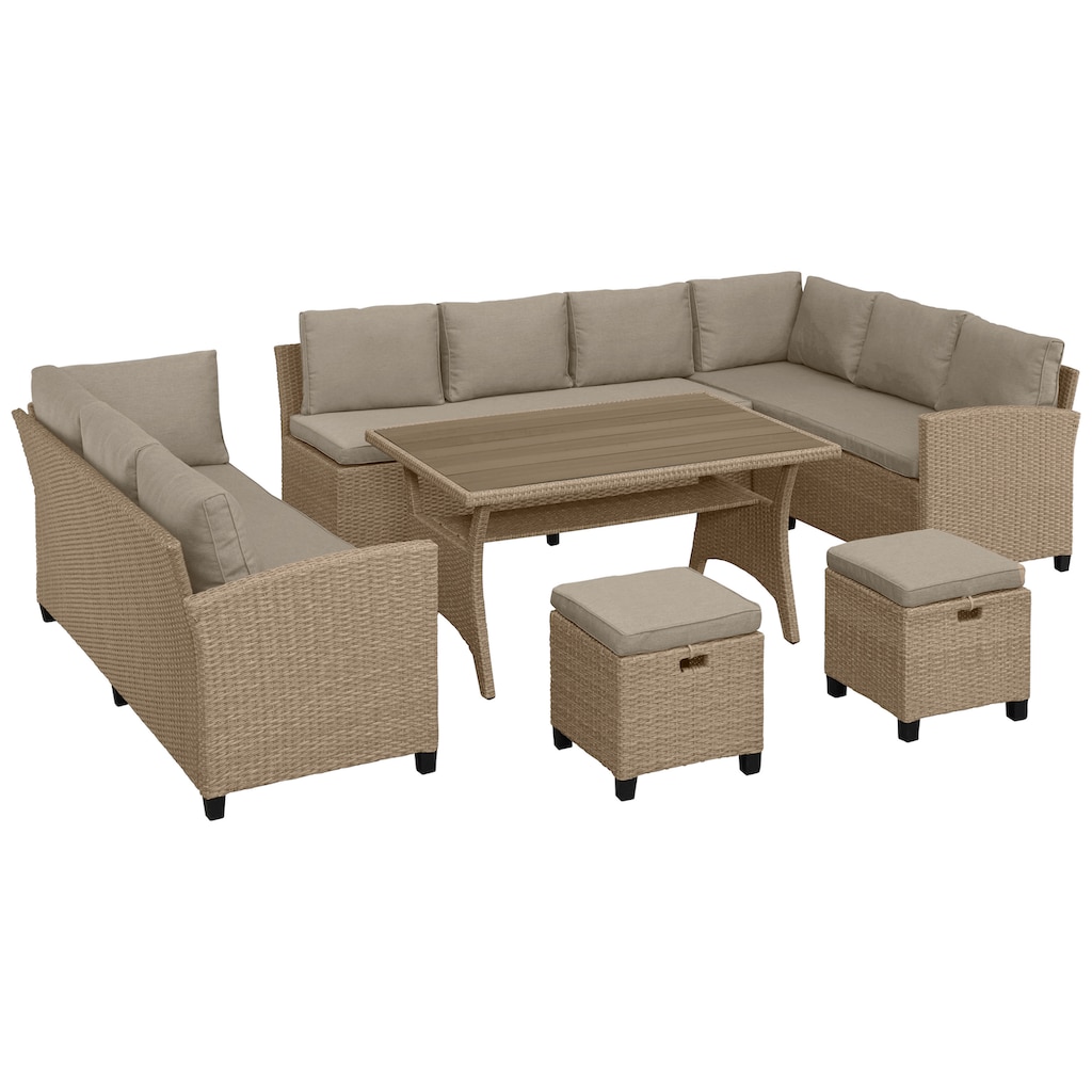 KONIFERA Gartenlounge-Set »Rotterdam«, (Set, 20 tlg., 3x 3er Sofa, 2x Hocker, 1x Tisch 120x82x67cm, inkl. Auflagen), Polyrattan, Stahl, Tischplatte aus Nonwood, Unser Dauertiefpreis