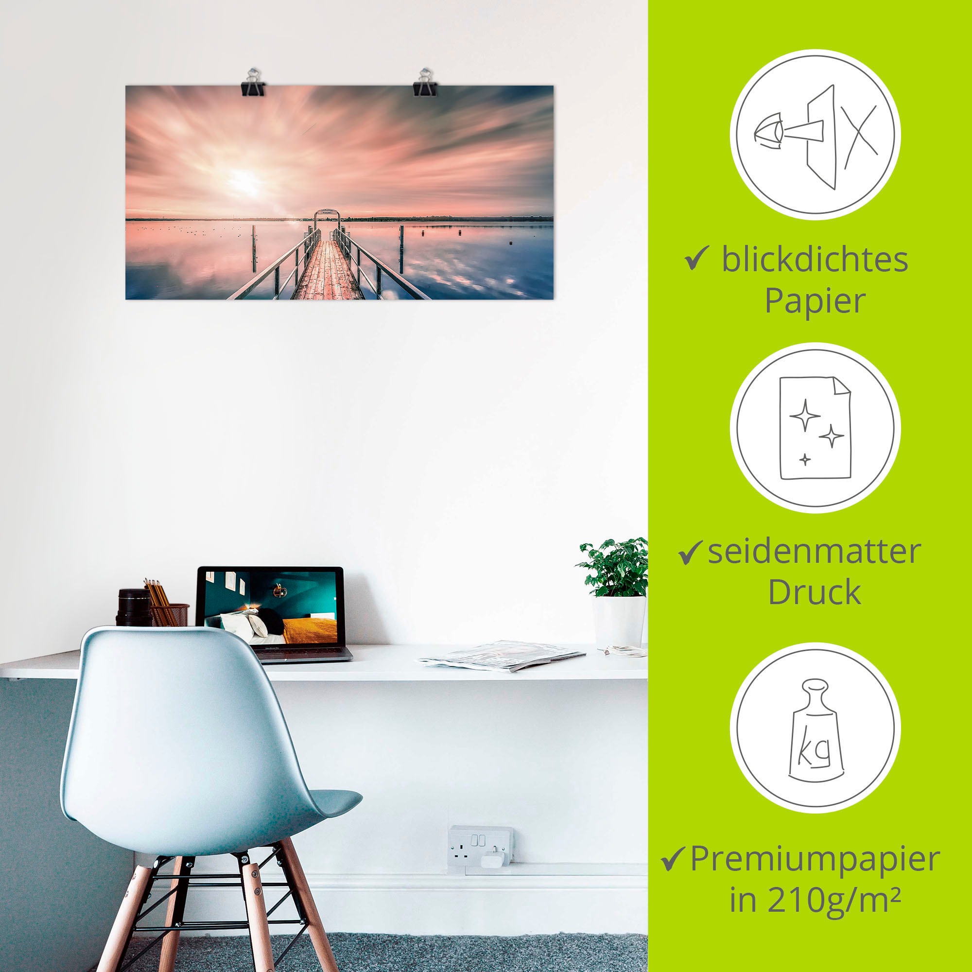 Artland Wandbild »Steg im Sonnenlicht mit Wolken«, Bilder vom Sonnenuntergang & -aufgang, (1 St.), in vielen Größen & Produktarten , Alubild, Leinwandbild, Poster, Wandaufkleber