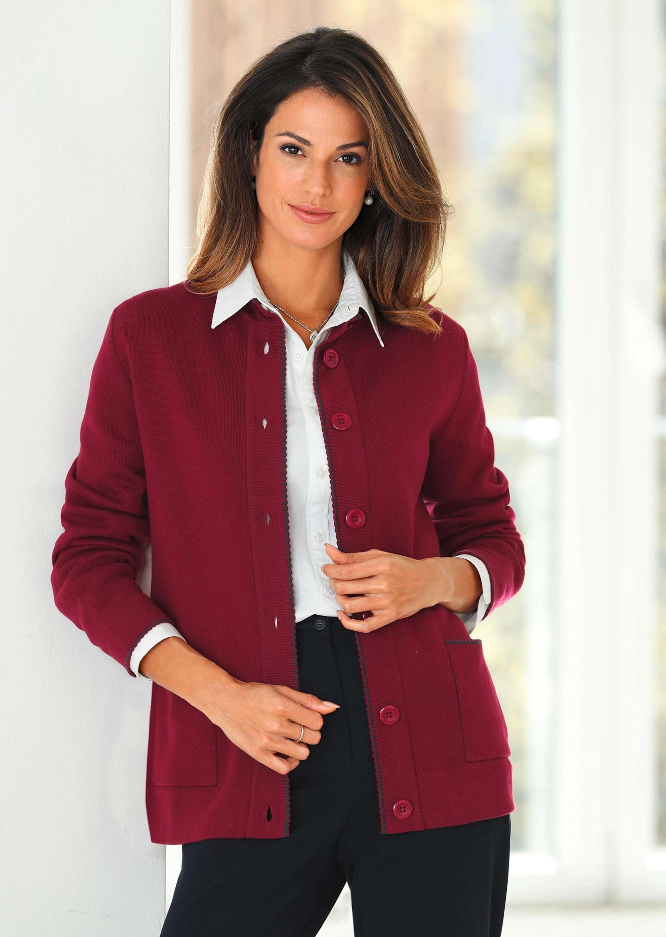 GOLDNER Strickjacke »Longstrickjacke mit kontrastfarbenen Zierkanten«