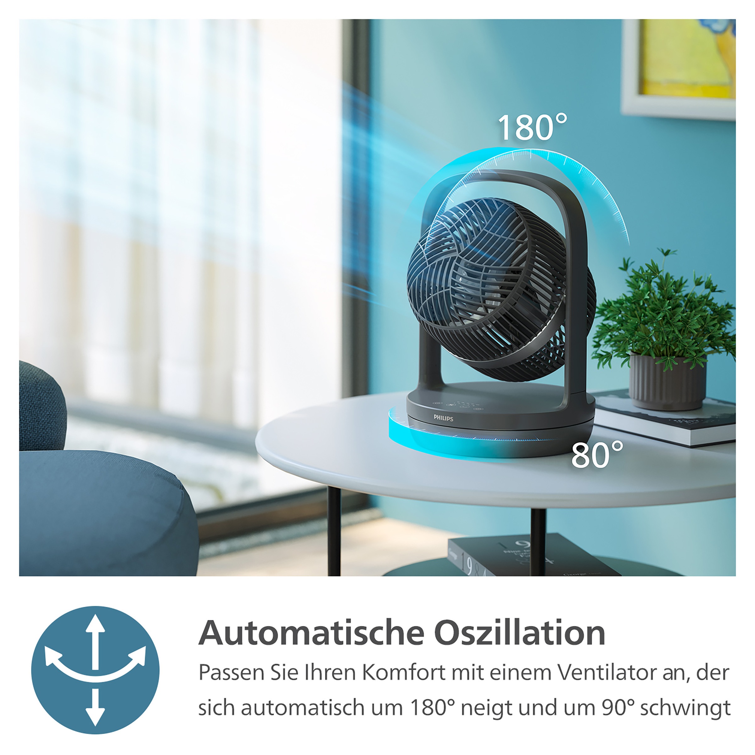 Philips Tischventilator »CX3050/01 Serie 3000, mit extrem leiser SilentWings-Technologie, 19 dB«, mit 180°-Neigung, 12-Stunden-Timer, für Schlafzimmer, Haus & Büro