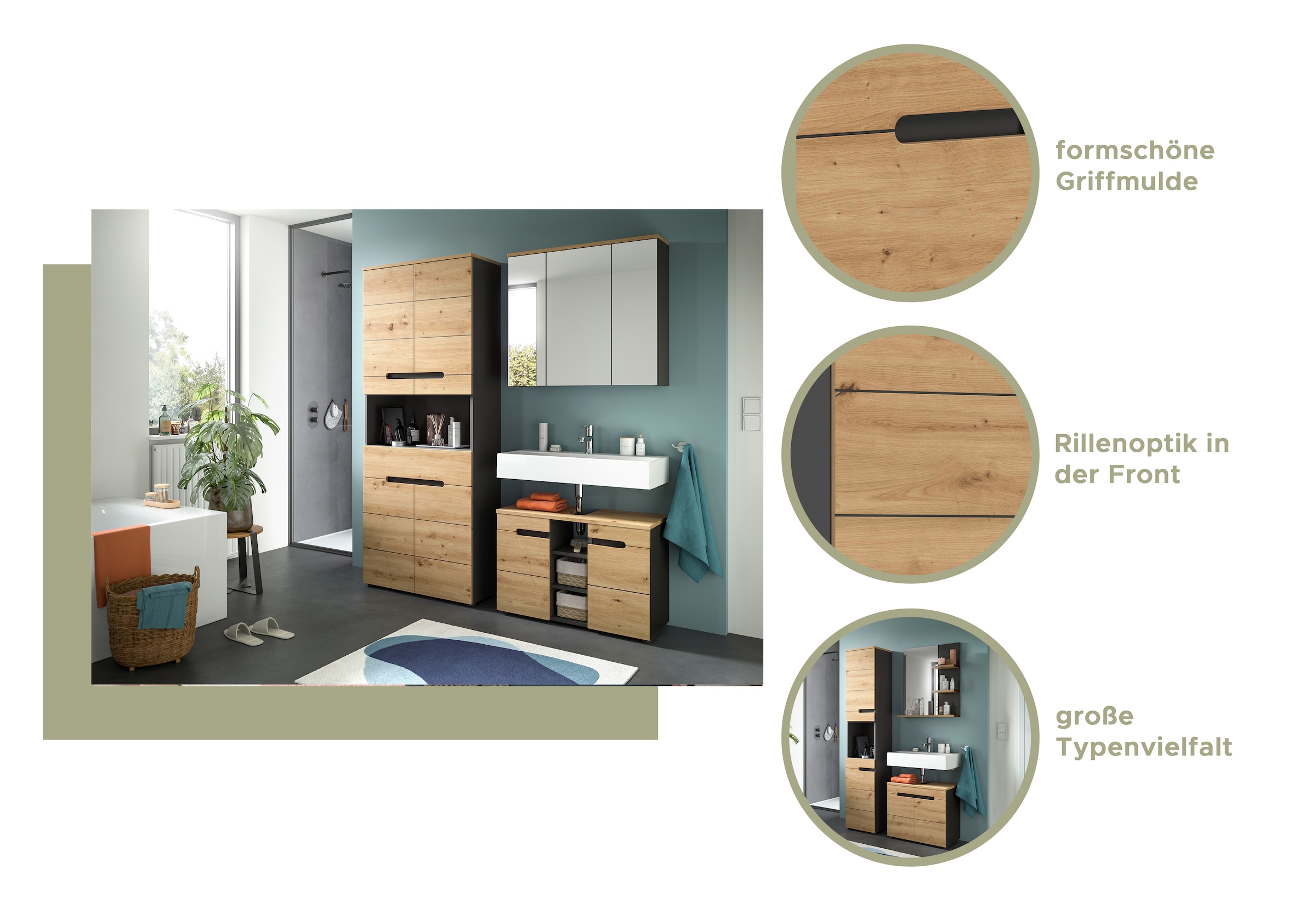 INOSIGN Badmöbel-Set »REHAT, 3-teilig, Breite 171 cm, mit grifflosen Fronten, bestehend aus:«, (3 St.), 1x Hochschrank, 1x Waschbeckenunterschrank & 1x Spiegelschrank
