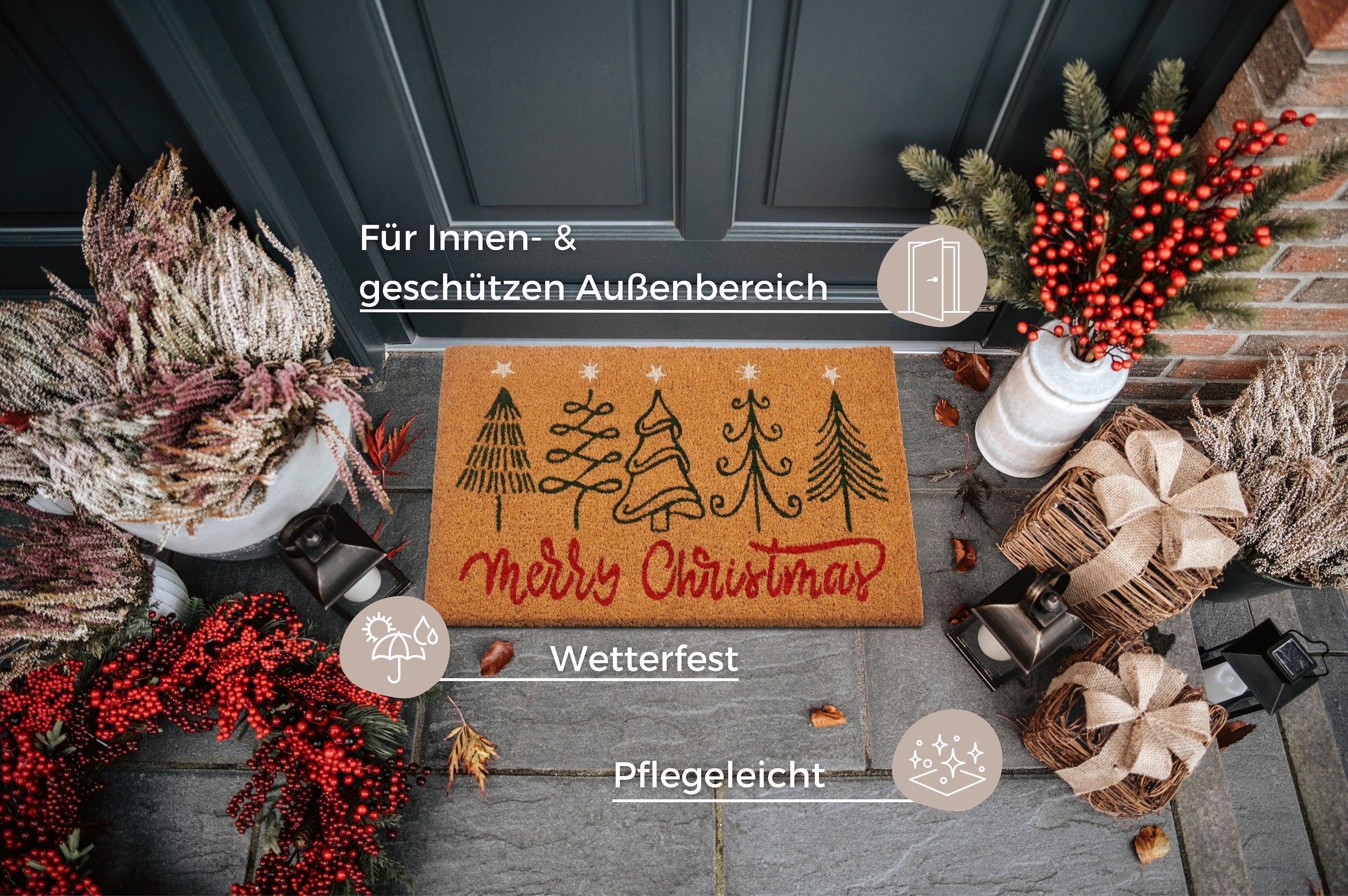 HANSE Home Fußmatte »Kokos Five Christmas Trees, Türmatte«, rechteckig, 15 mm Höhe, Schmutzfangmatte, Rutschfest, Outdoor, Weihnachten, Kokosmatte, Flur