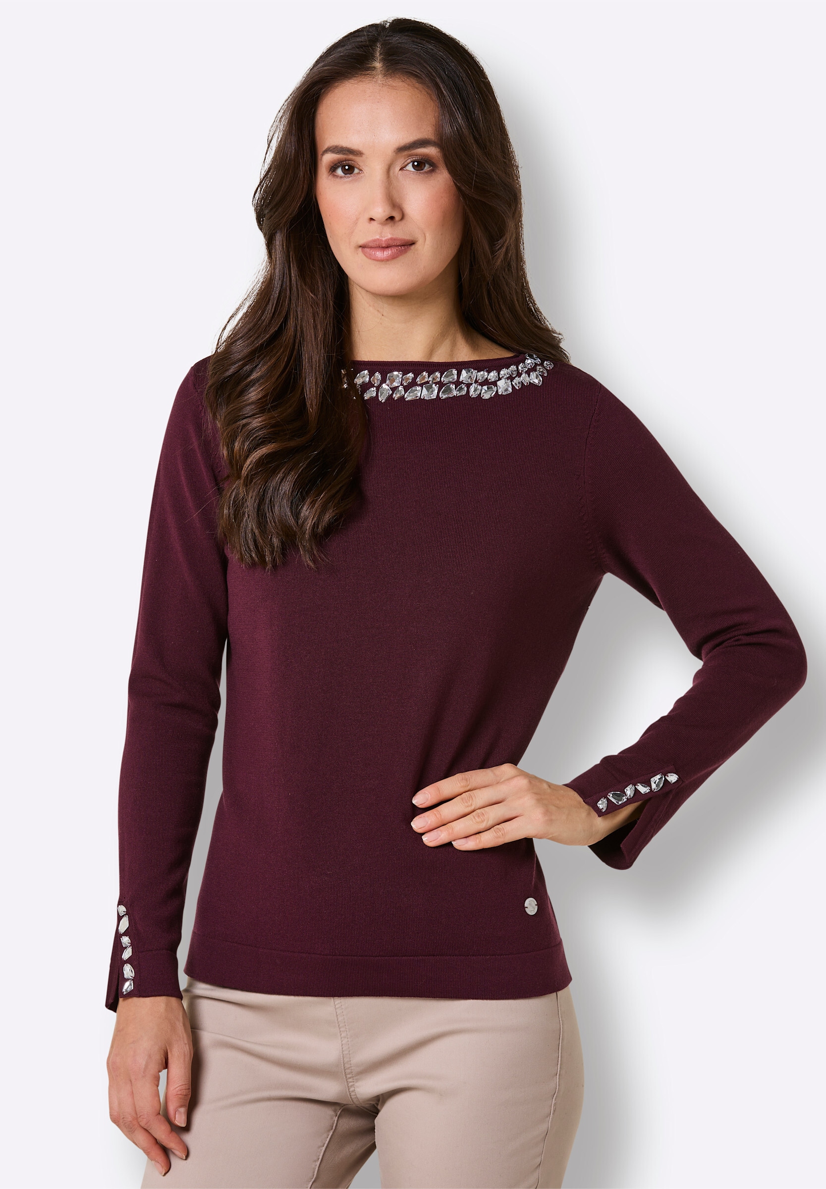 creation L Strickpullover »Lyocell-Viskose-Pullover Langarm-Pullover mit Strass-Applikationen«