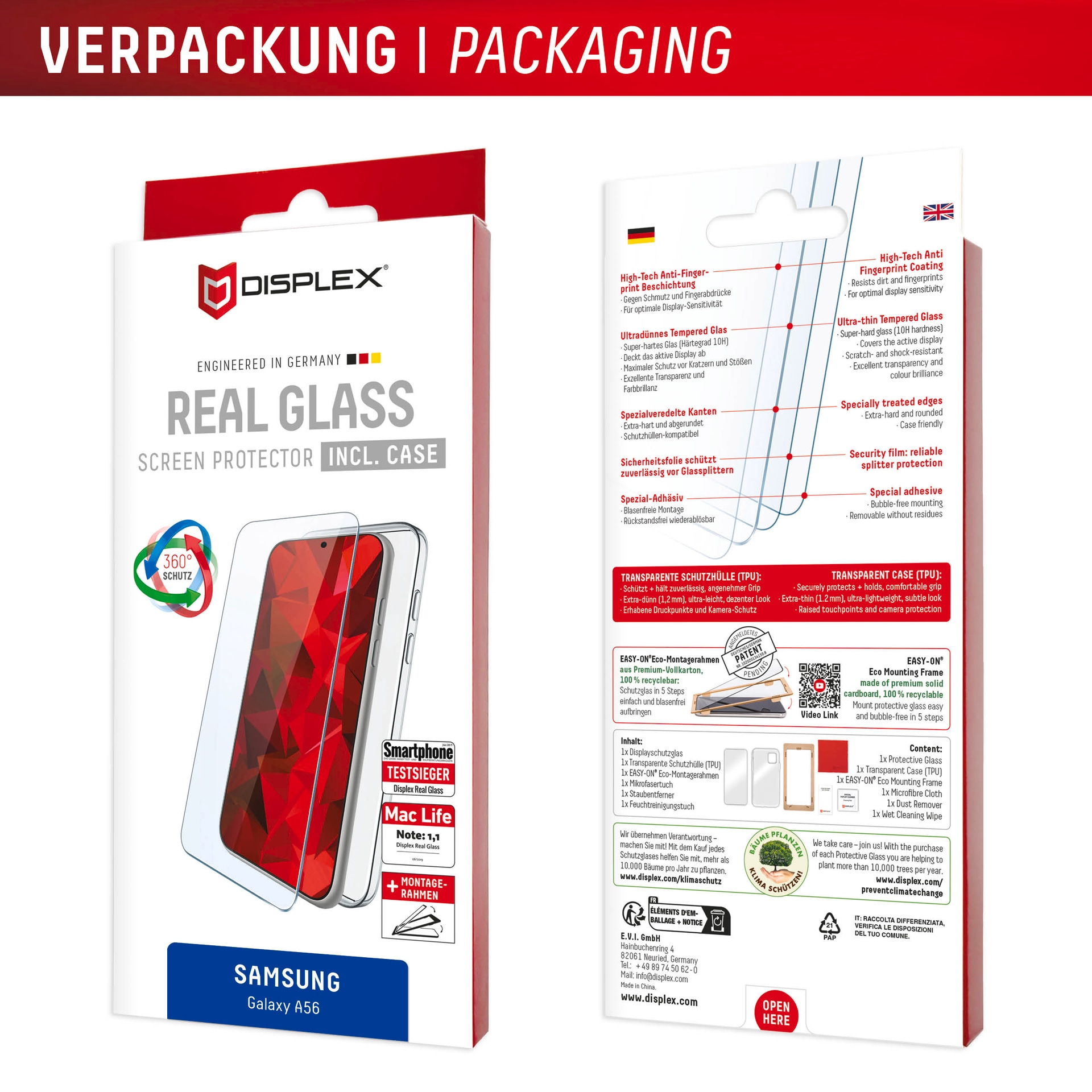 Displex Displayschutzglas »Real Glass Screen Protector inkl. Case«, für Samsung Galaxy A56 5G, Displayschutzfolie, Schutzfolie, Bildschirmschutz, kratz- & stoßfest