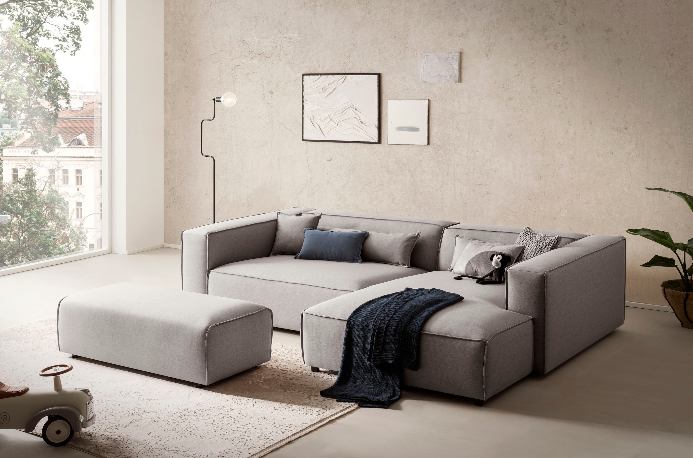 LeGer Home by Lena Gercke Hocker »PIARA, Polsterhocker mit Kedernaht in Cord oder Leinenoptik«, zur Serie PIARA, rechteckig, schwarze Füße, bequemer Sitzkomfort
