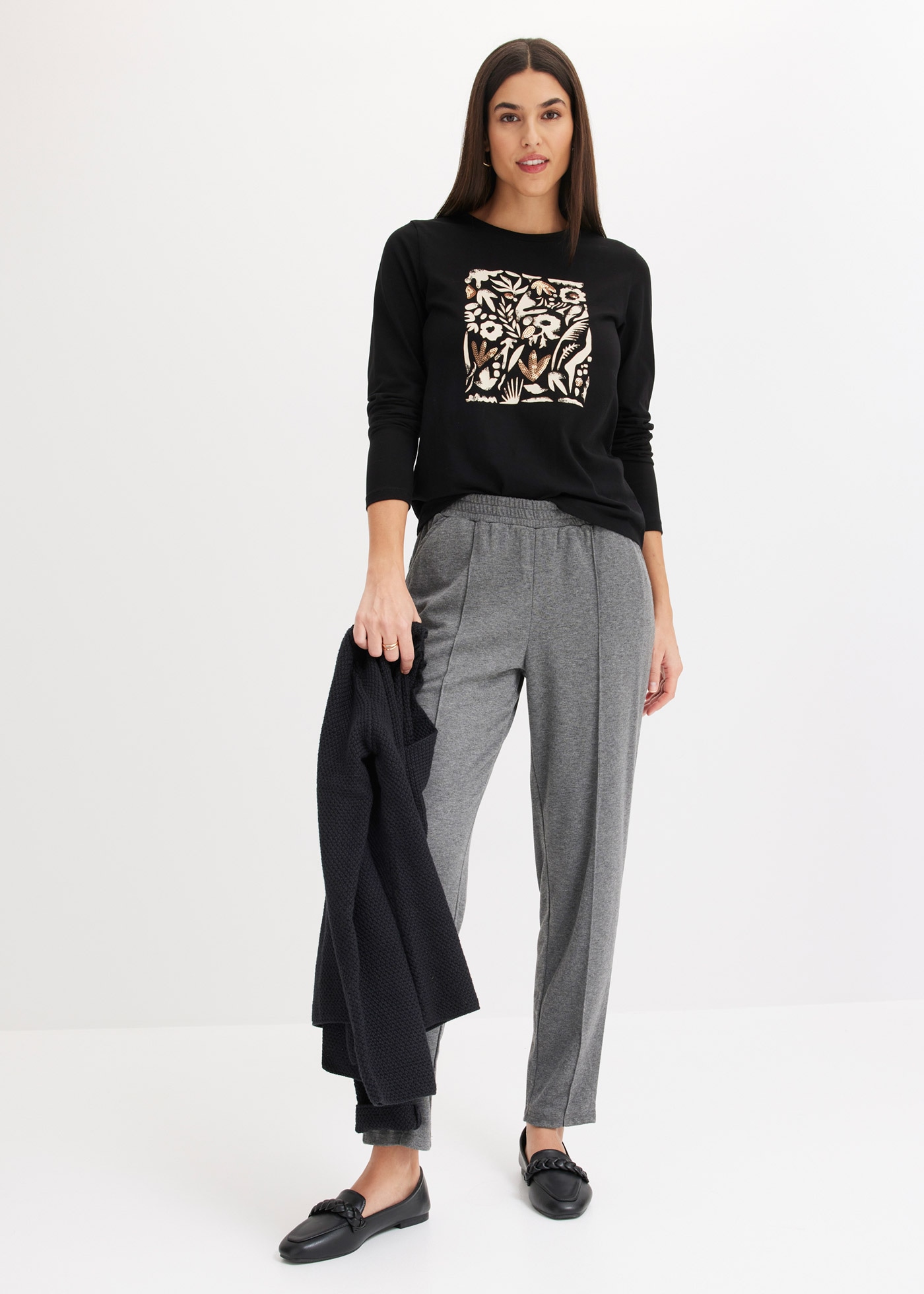 bonprix Langarmshirt Slim fit, Langarm, Druck mit Pailletten, für Frühling und Sommer