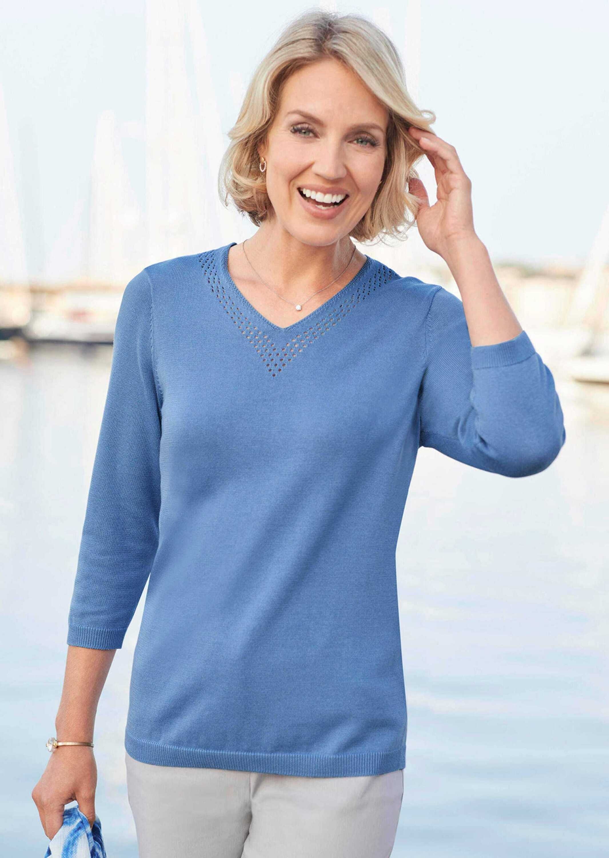 GOLDNER Rundhalspullover »Unkomplizierter Pullover mit V-Ausschnitt« Mit hübschen Ajourdetails am V-Ausschnitt