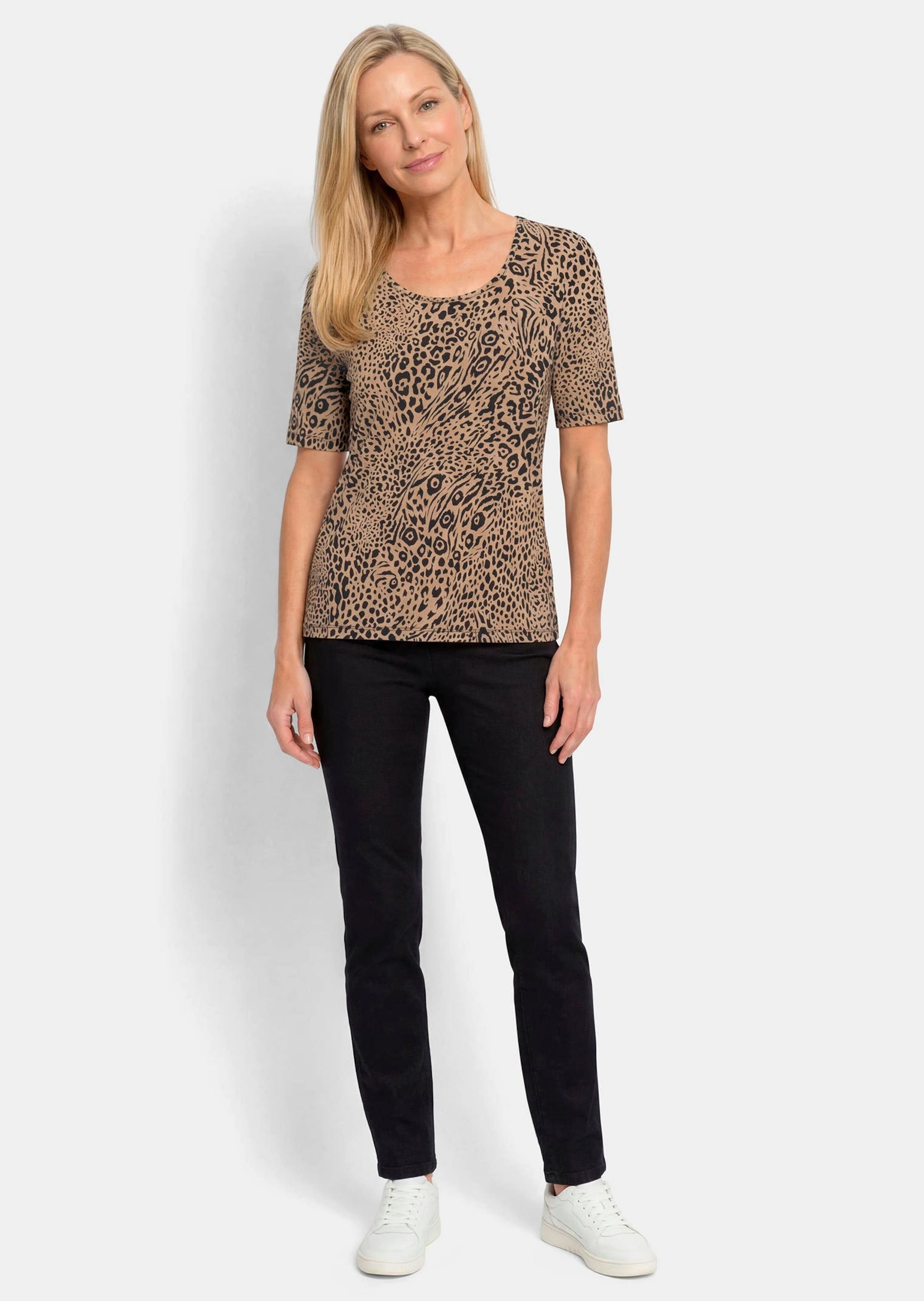 GOLDNER Kurzarmshirt »Jersey-Shirt mit Leo Print« stretchbequemer Viskosejersey