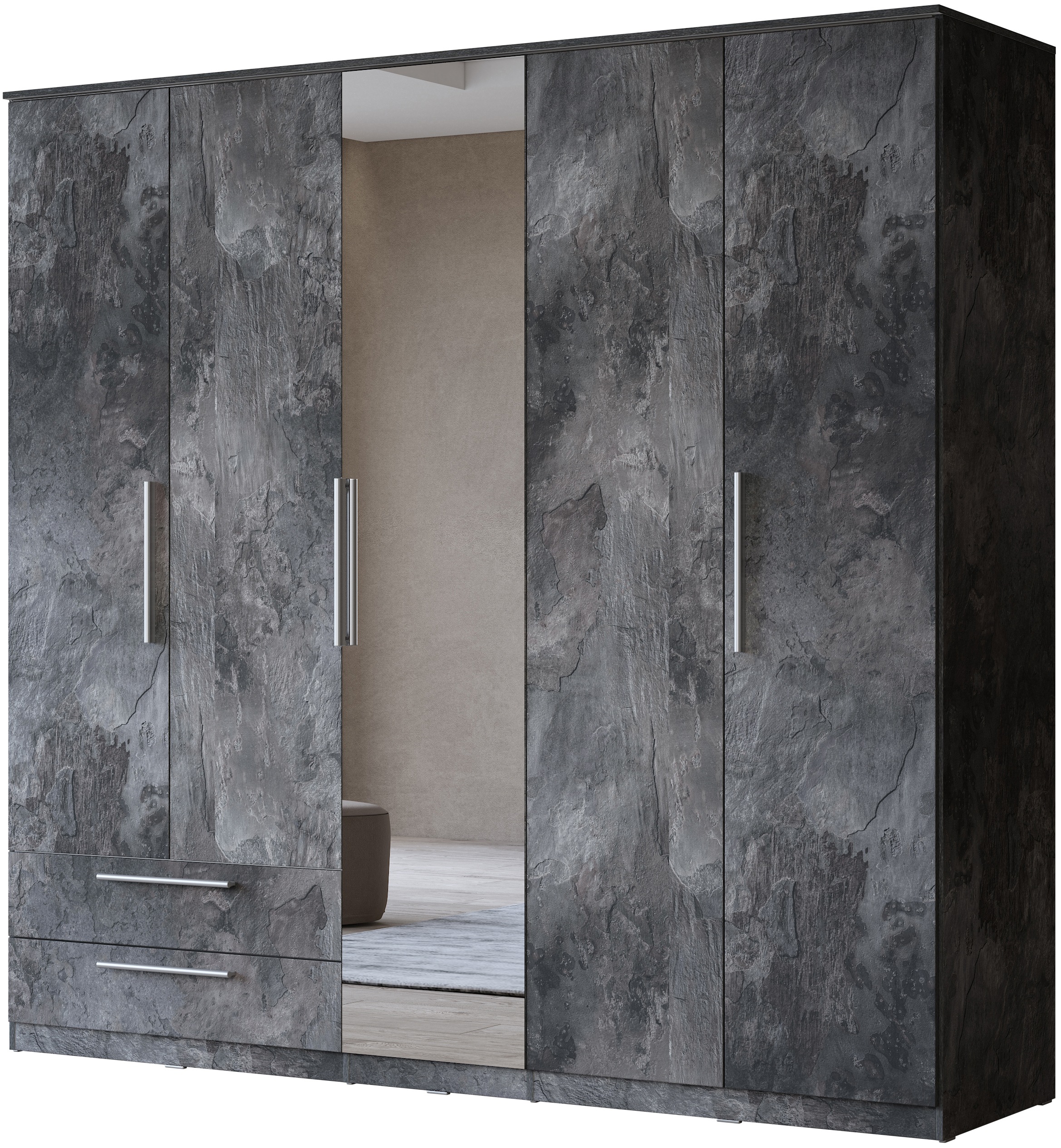 INOSIGN Kleiderschrank »India, FSC-zertifizierter Holzwerkstoff, Made in Europe«, (in Schieferoptik oder weiß mit Hochglanzfront), mit Beleuchtung und Fernbedienung, 181 oder 225x215x60cm