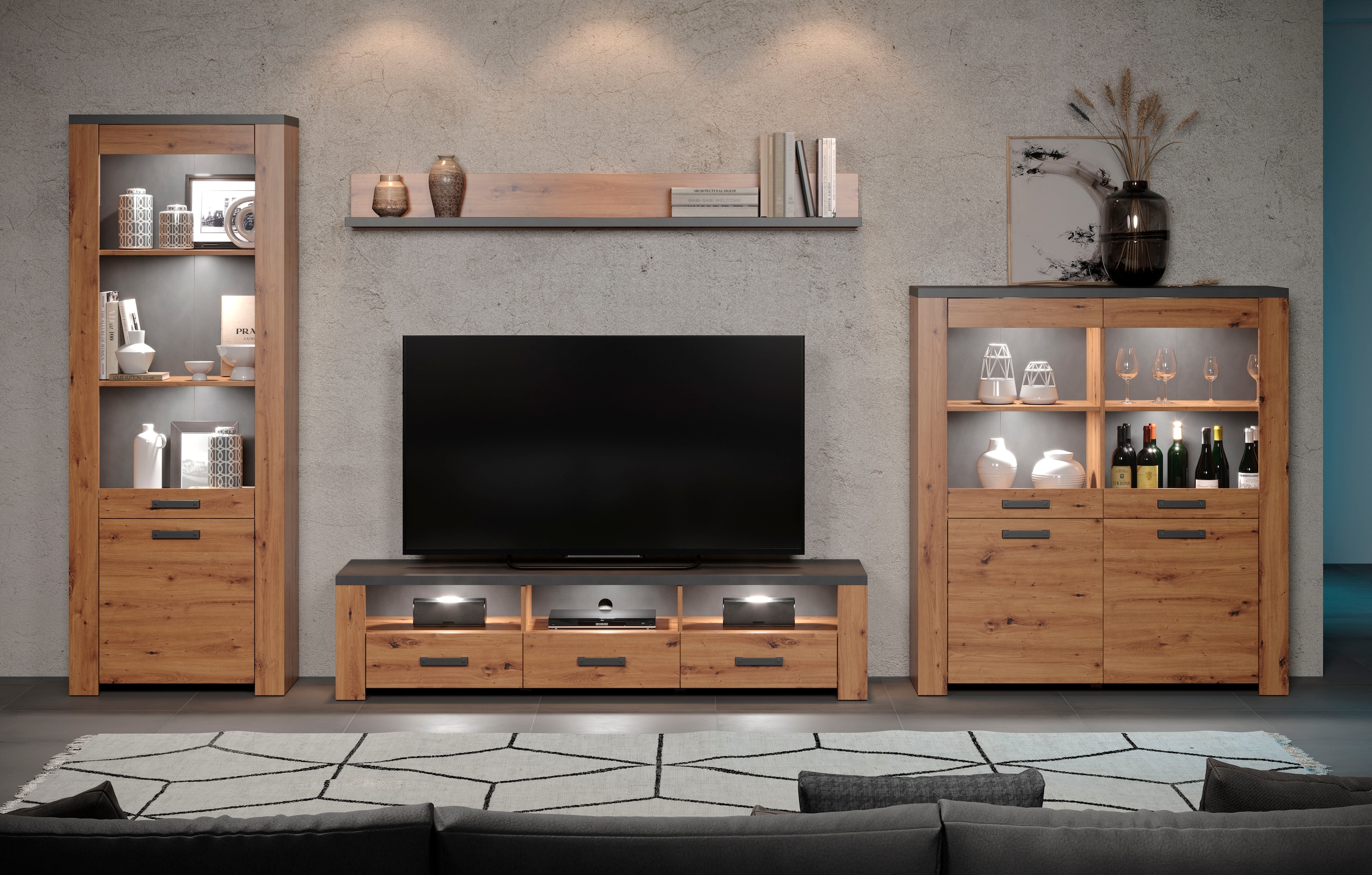 Home affaire TV-Wand »Ambres«, (4 St.), Modernes TV SET, Echtholzoptik, Breite ca. 409 cm, matt