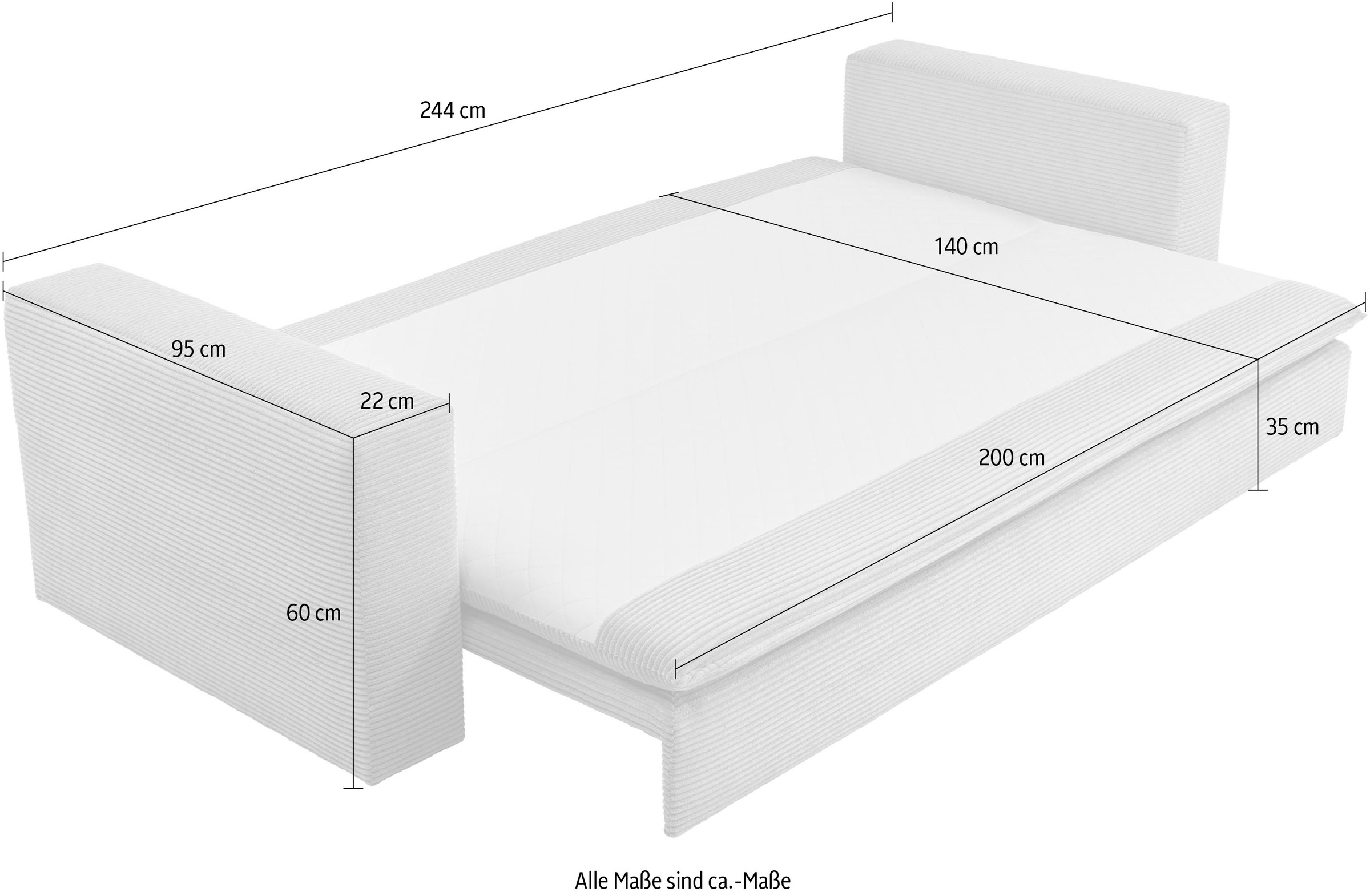 Places of Style 3-Sitzer »PIAGGE«, Cord-Bezug - mit Bettfunktion und Bettkasten, mit praktischem Topper