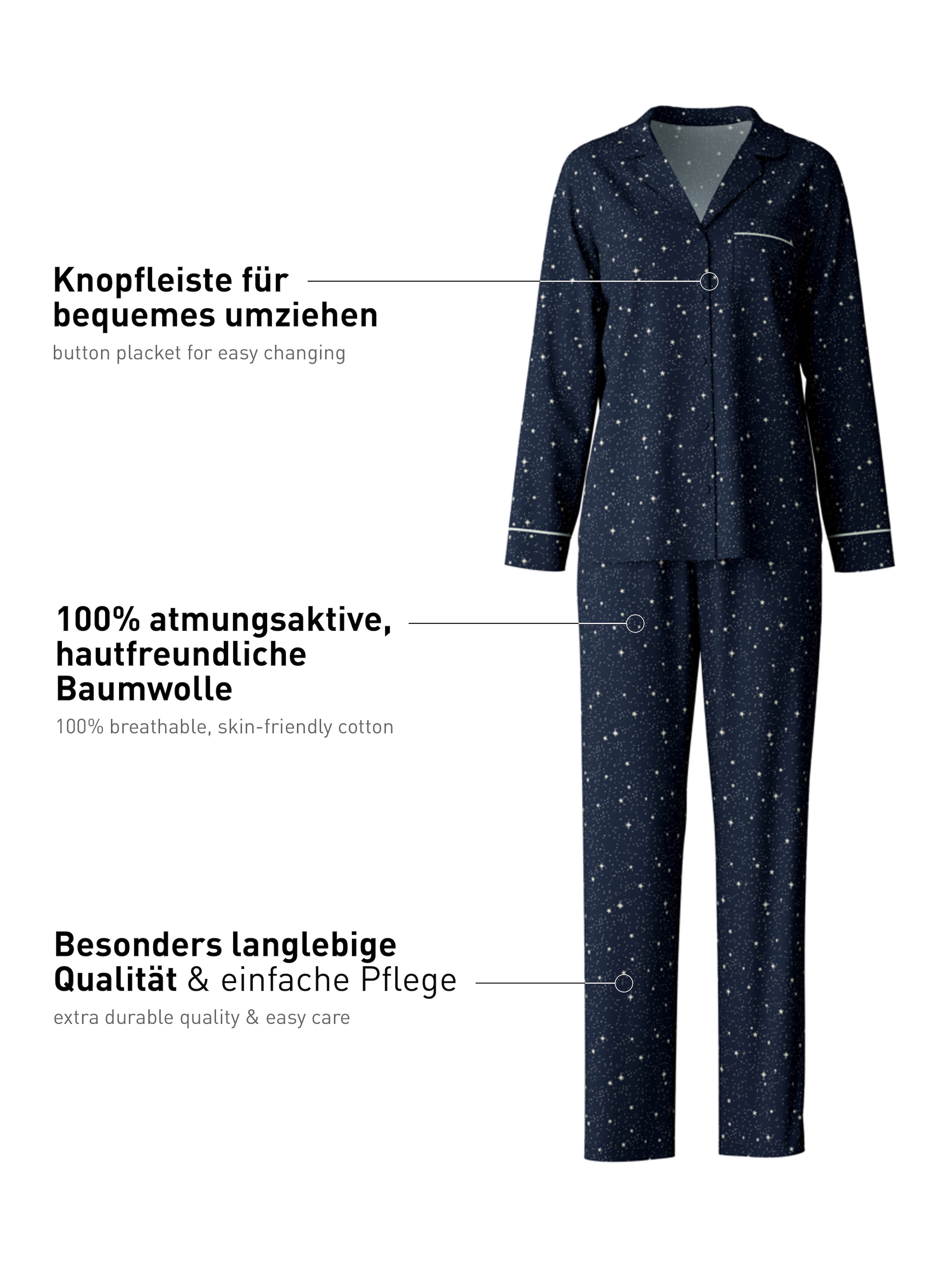 CALIDA Pyjama »Sweet Dreams«, (2 tlg.), Reverskragen, Knopfleiste, Pure Cotton, Interlock-Qualität, weich