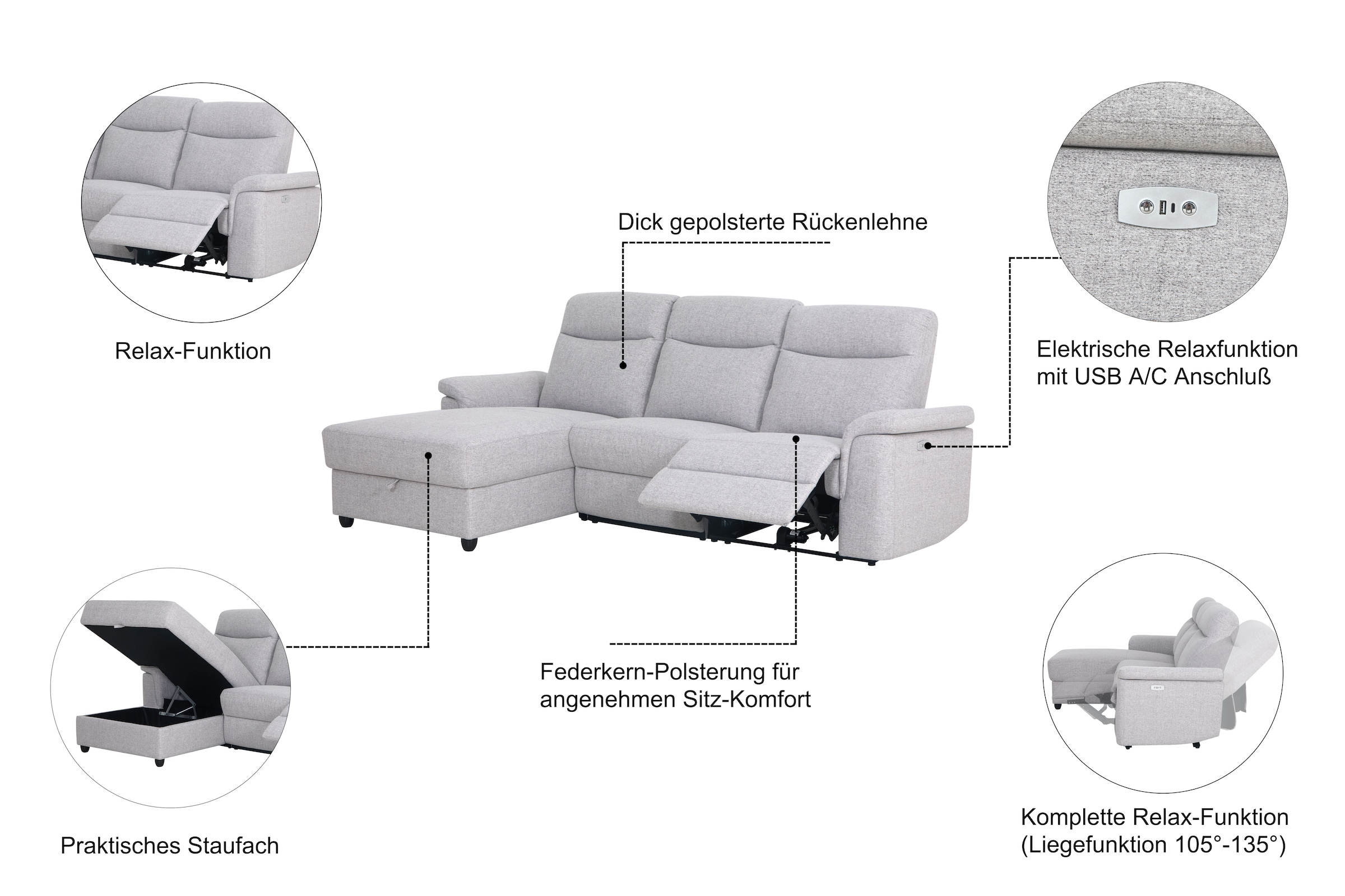 Home affaire Ecksofa »BRIONNE, L-Form, 255cm, manuelle u. elektrische Funktion (USB A/C),« Liegefunktion, Stauraum, Federkernpolsterung, Webstoff