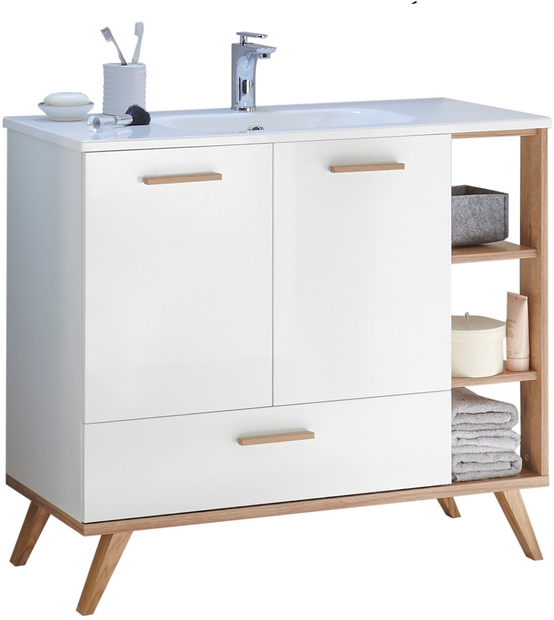 Saphir Badmöbel-Set »Quickset Mineralmarmor-Waschtisch mit Unterschrank, 101 cm breit«, (1 St.), Waschplatz, 2 Türen, 1 Schublade, inkl Türdämpfer, Waschtisch Set