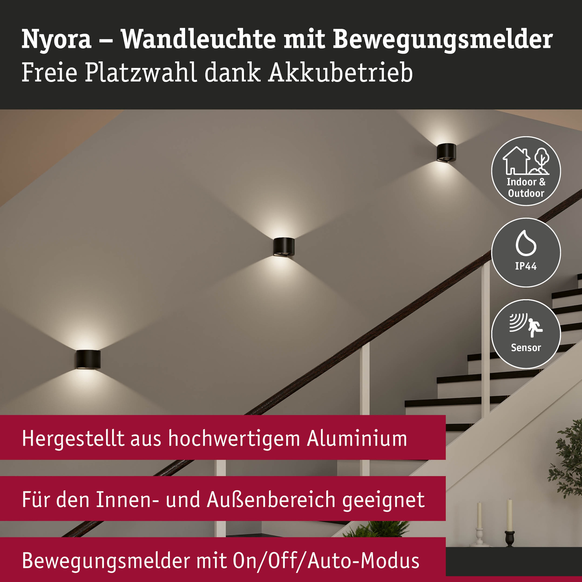 Paulmann LED Wandleuchte »Nyora IP44 2W« LED-Modul 2 Stk. Dämmerungsgesteuerter Bewegungsmelder (HF)v