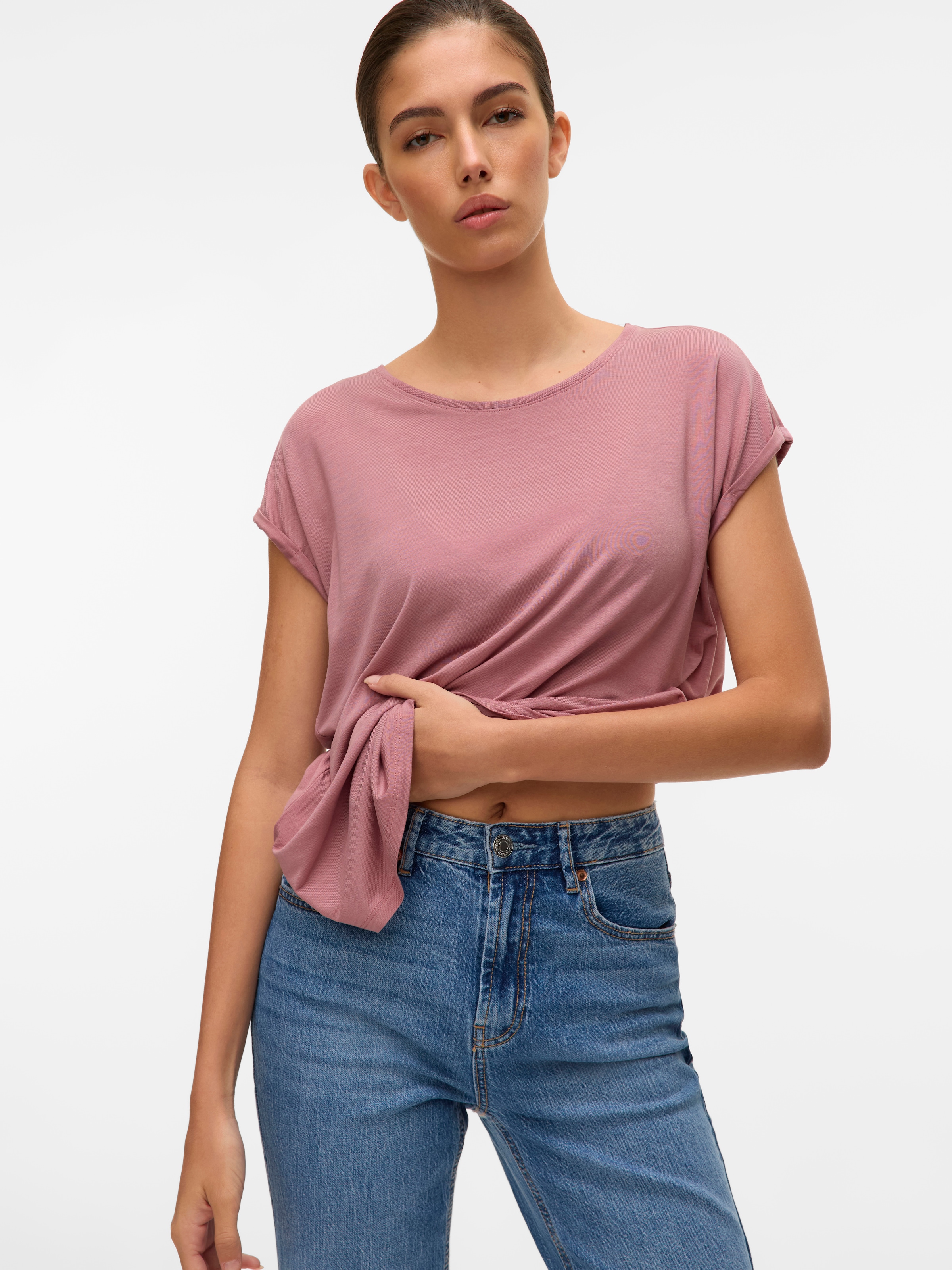 Vero Moda Rundhalsshirt »VMAVA PLAIN SS TOP GAJRS NOOS« Materialmix, regular fit