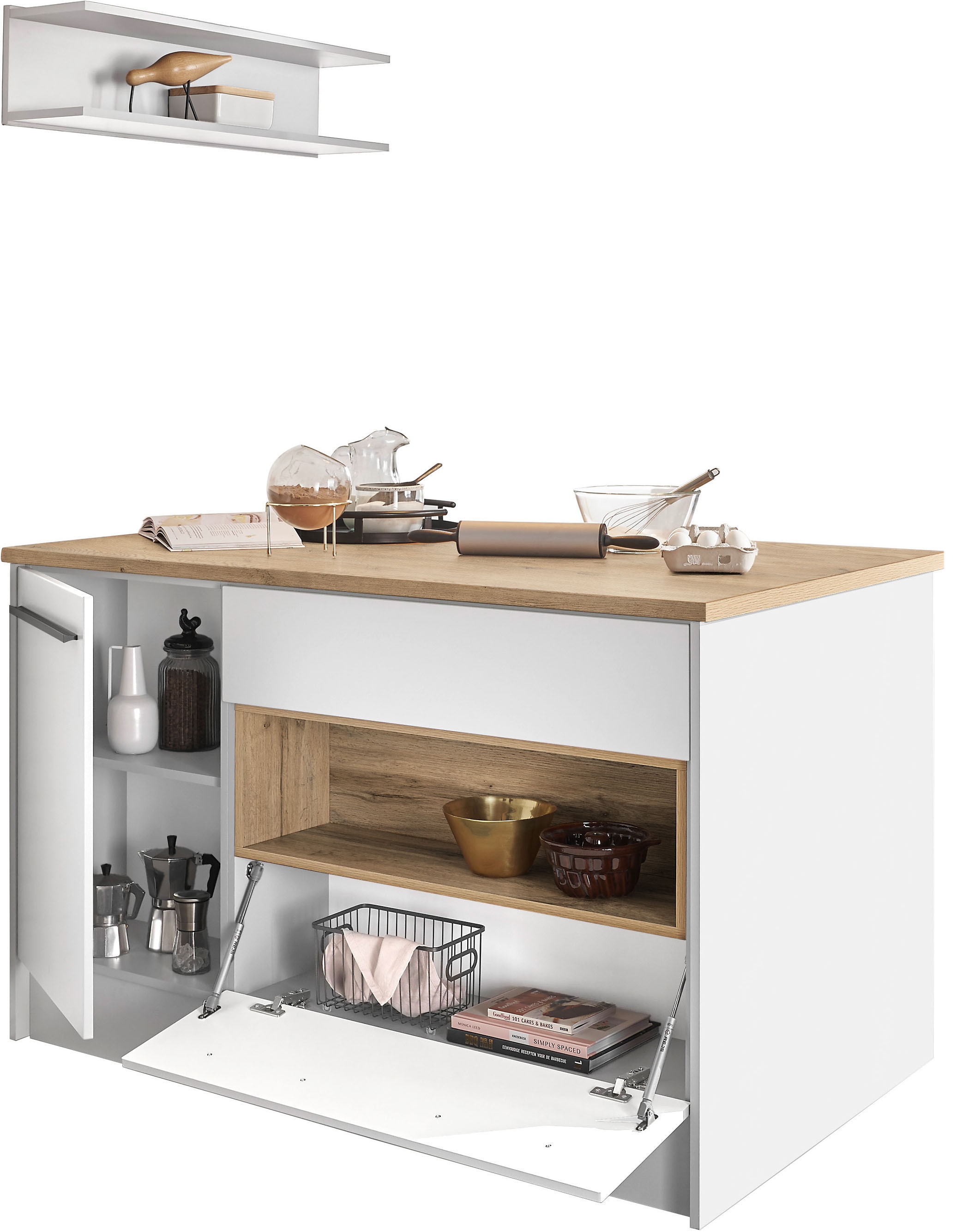 BASIC by Balculina Kücheninsel »Denver, Kochinsel + Küchenregal BxHxT 145 x 90 x 90/BxHxT 90x22x21« Breite 145 cm, mit Tür, Schubkasten, Klappe und offenem Fach