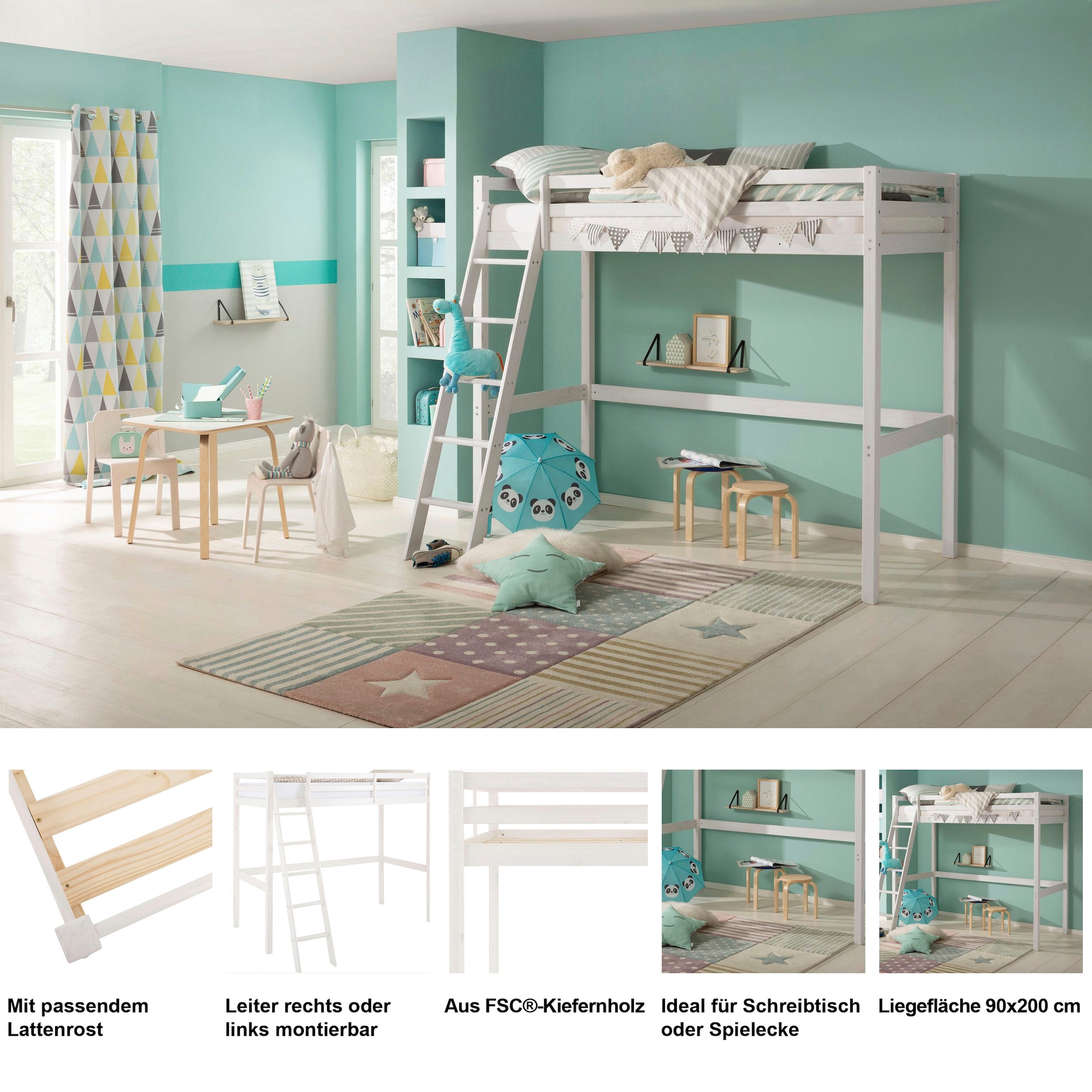 OTTO home Kinderbett »Alpi, Leiter links oder rechts montierbar, Hochbett« Kiefernholz, Inklusive Leiter und Lattenrost, Liegefläche 90x200 cm