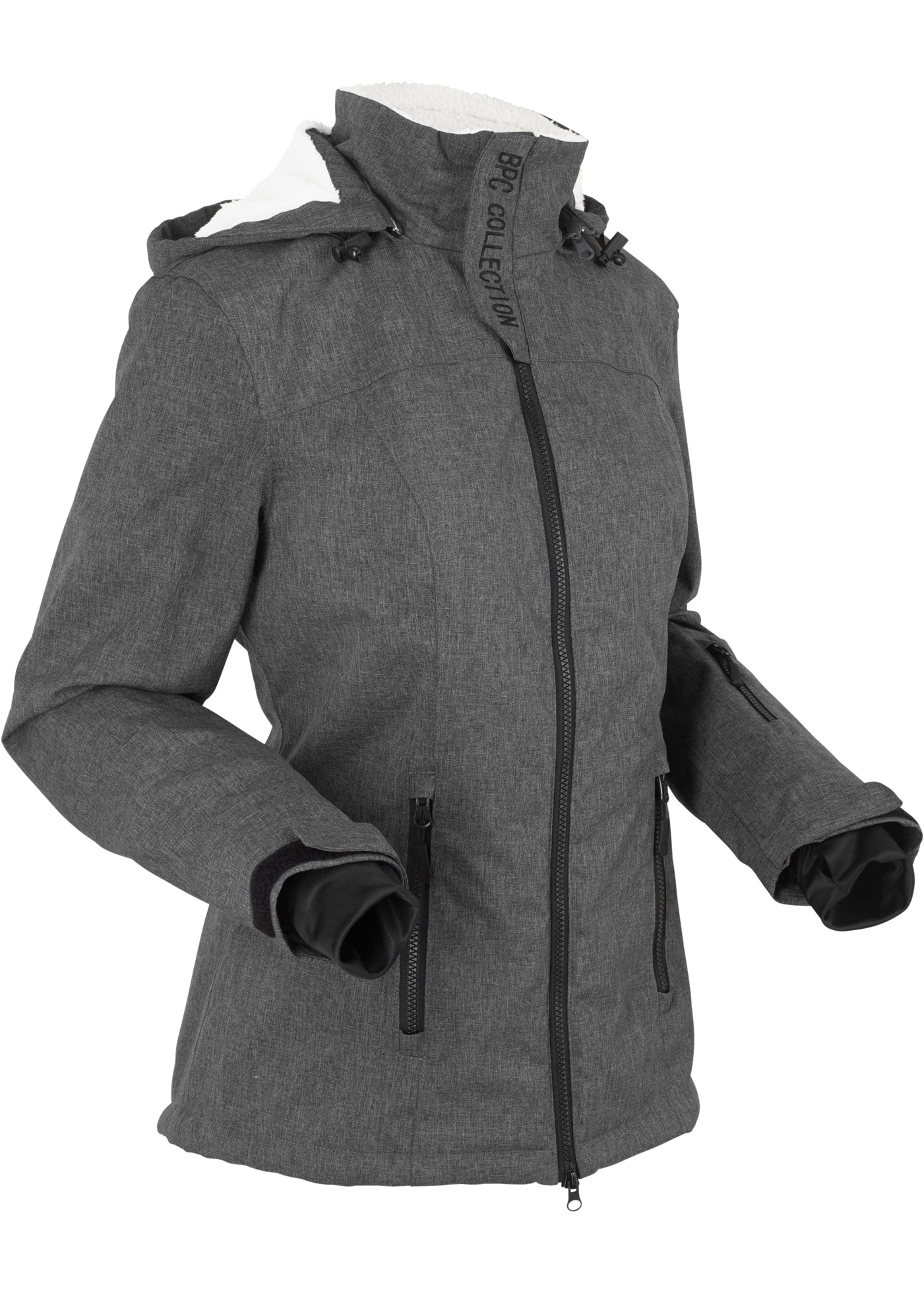 bonprix Funktionsjacke mit Kapuze mit Teddyfleece-Futter, wind- und wasserdicht, mit hohem Stehkragen