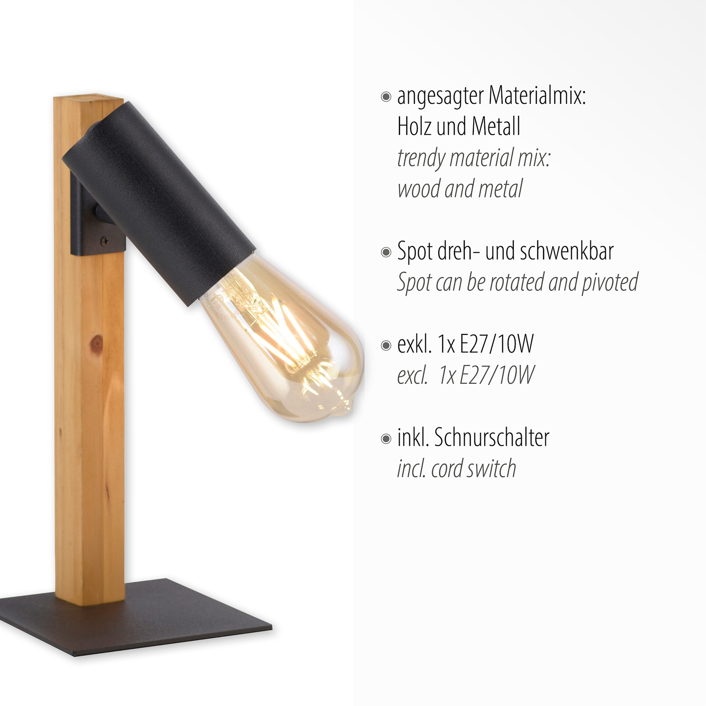 JUST LIGHT Tischleuchte »PILON« E27 1 Stk. ExklusiveE27 , Schalter, Schnurschalter ,