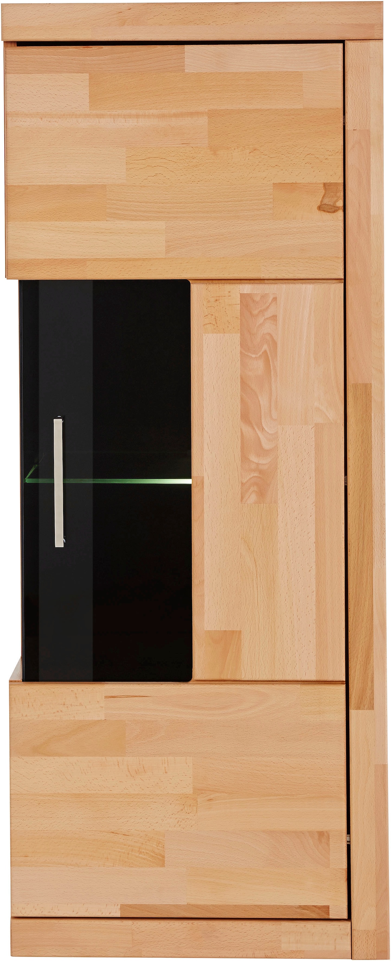 Home affaire Vitrine »Ribe,125cm hoch,35 cm tief,4 Fächer,1Glasboden variabel einsetzbar«, Massivholz, Holzwerkstoff,dunkles gehärtetes Glas, Metall Griffe