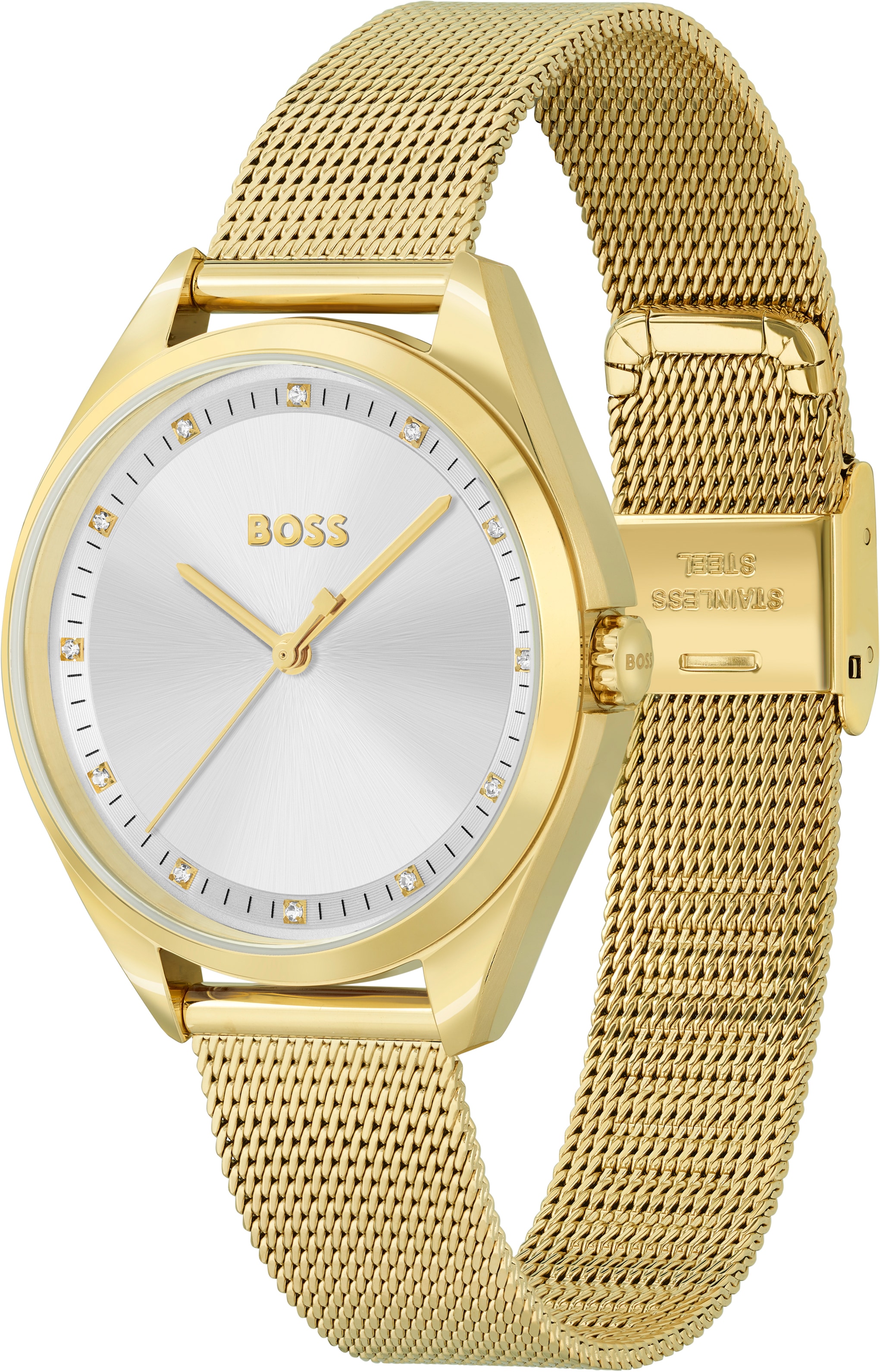 BOSS Quarzuhr »SAYA«, Damenuhr, Armbanduhr, Glaskristalle, Edelstahlarmband