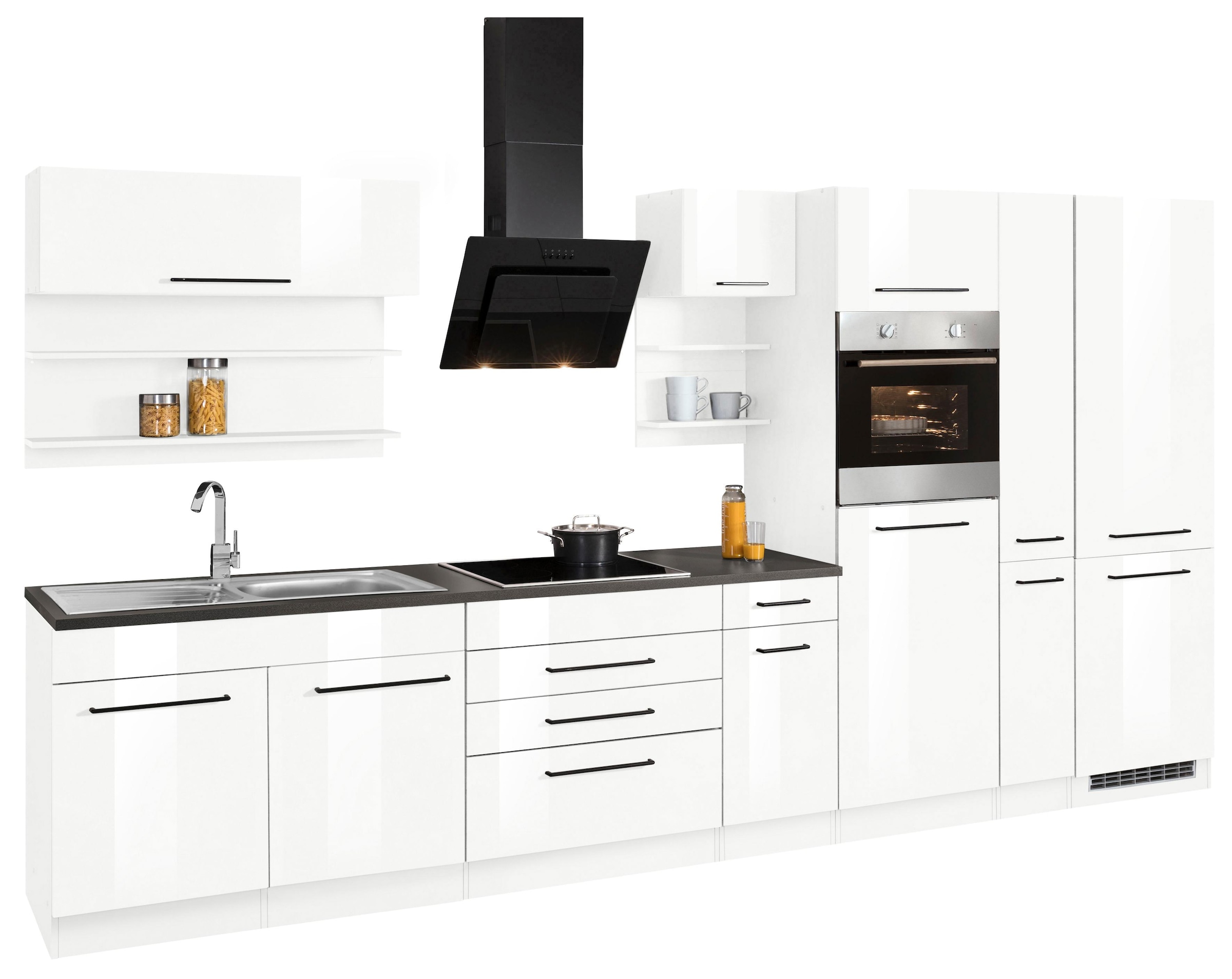 KOCHSTATION Küchenzeile »KS-Tulsa« mit E-Geräten, Breite 380 cm, schwarze Metallgriffe, MDF Fronten