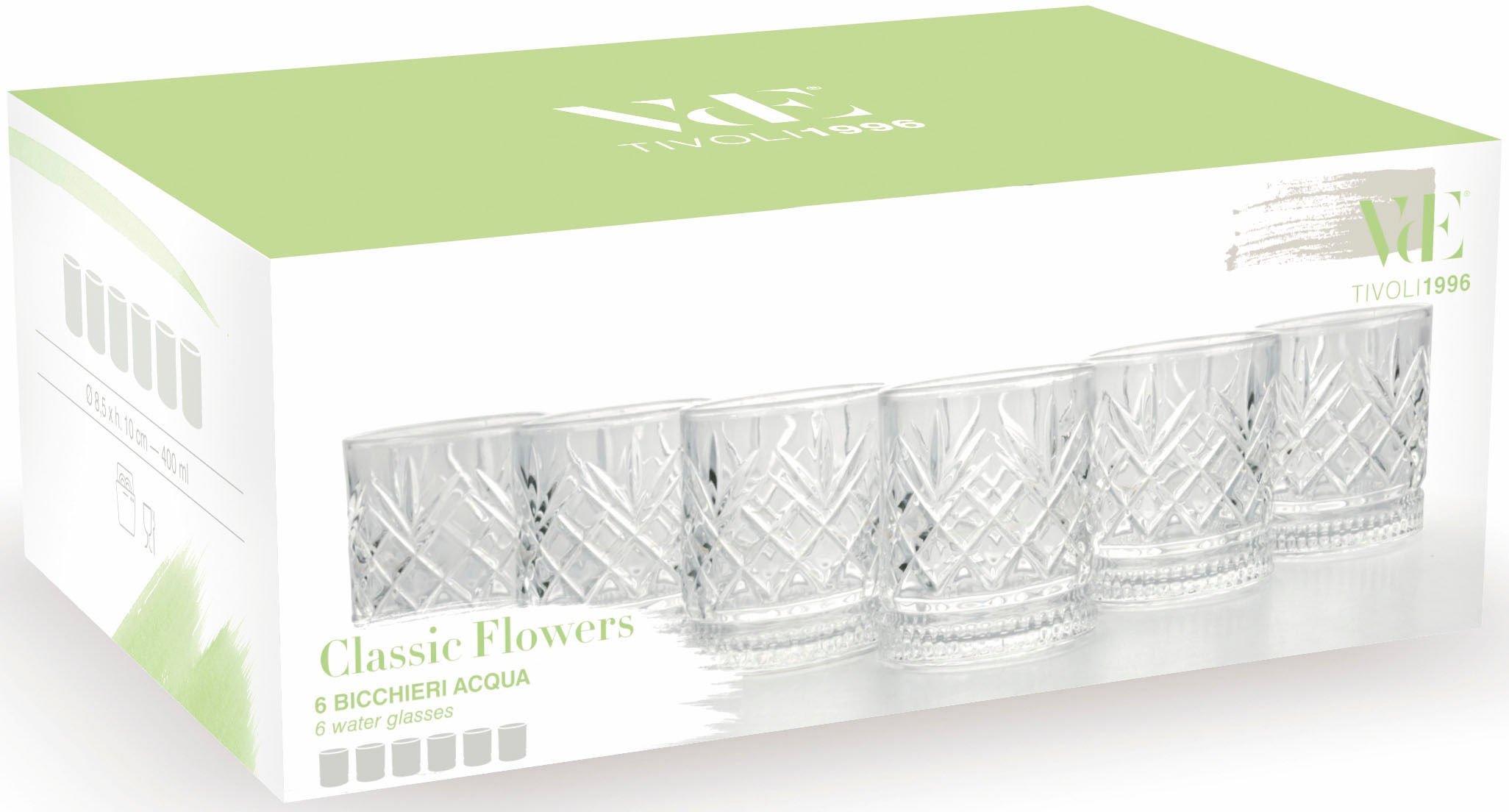 Villa d'Este Gläser-Set »Classic Flowers«, (Set, 6 tlg.), Wassergläser-Set, 6-teilig, Inhalt 400 ml
